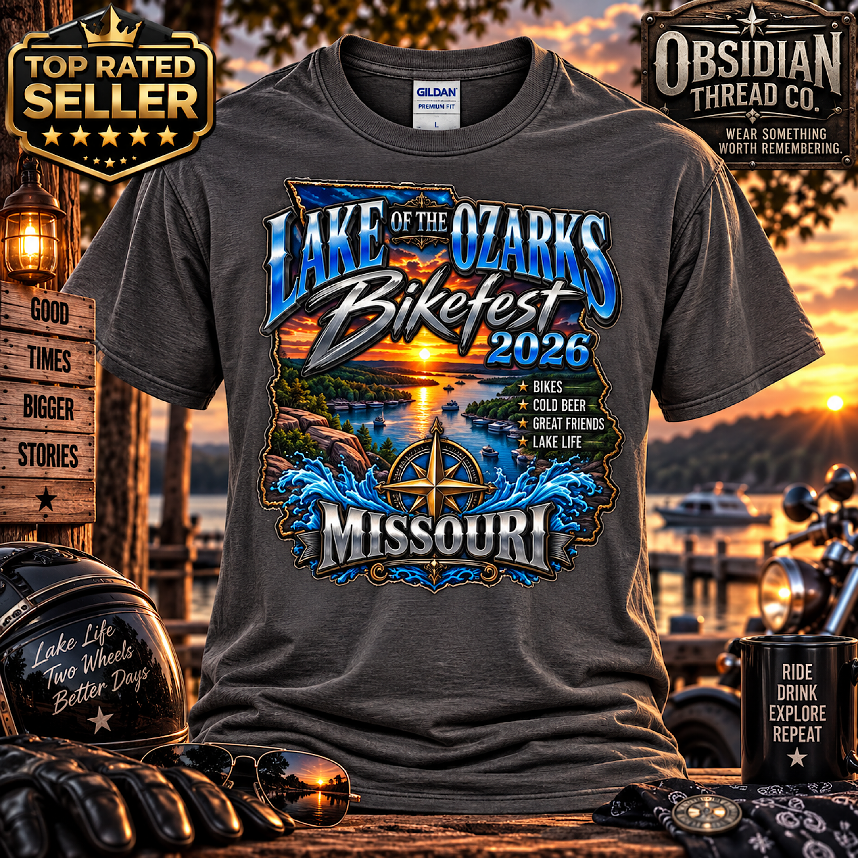 LAKE OF THE OZARKS BIKEFEST 2026 MISSOURI MOTORCYCLE BIKER T-SHIRT NO HARLEY color preview 2