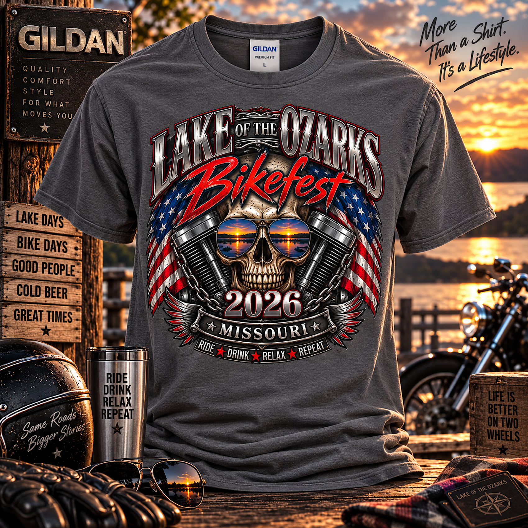 LAKE OF THE OZARKS BIKEFEST 2026 MISSOURI MOTORCYCLE BIKER T-SHIRT NO HARLEY color preview 2