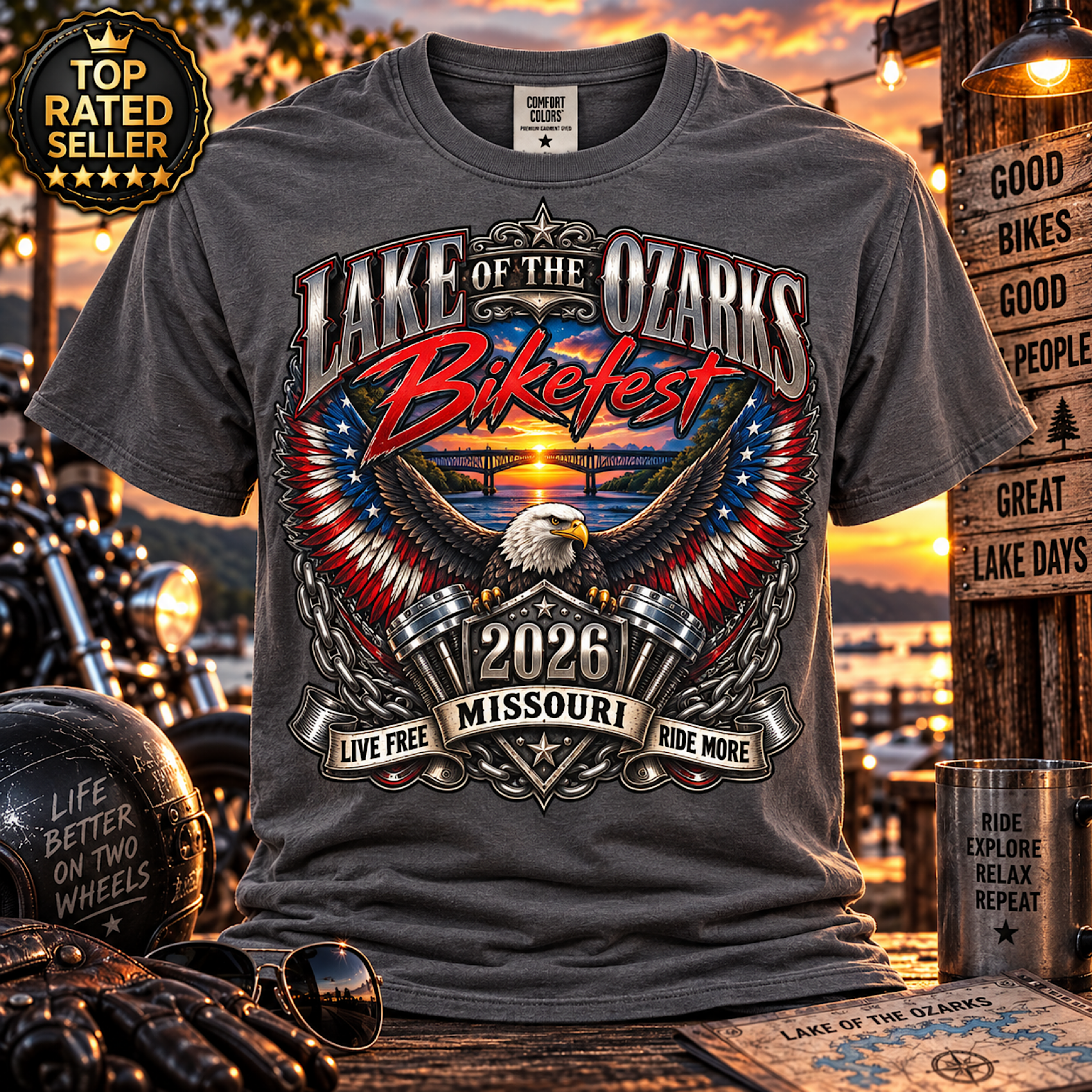 LAKE OF THE OZARKS BIKEFEST 2026 MISSOURI MOTORCYCLE BIKER T-SHIRT NO HARLEY color preview 2