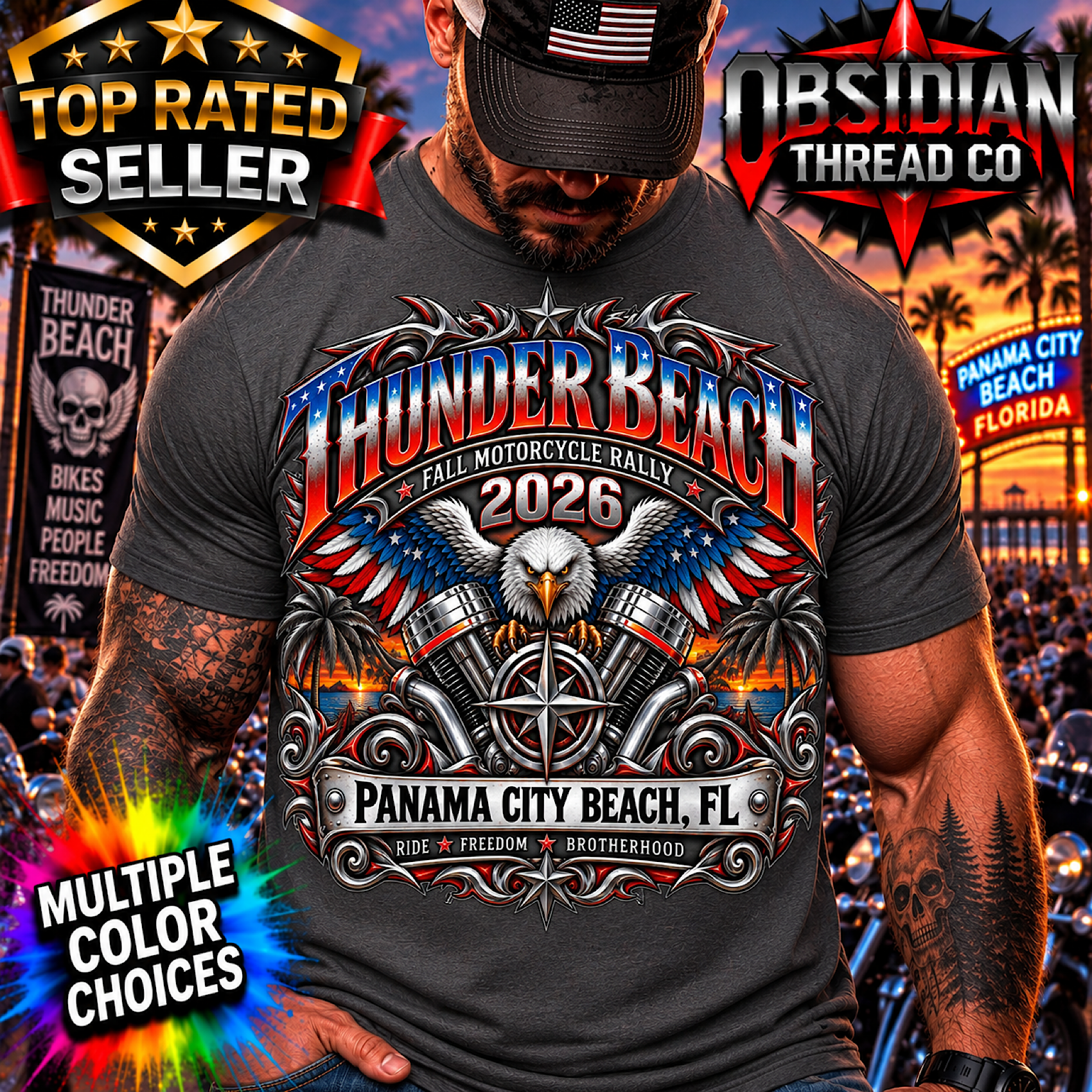 THUNDER BEACH FALL RALLY 2026 PANAMA CITY FL MOTORCYCLE BIKER SHIRT NO HARLEY color preview 2