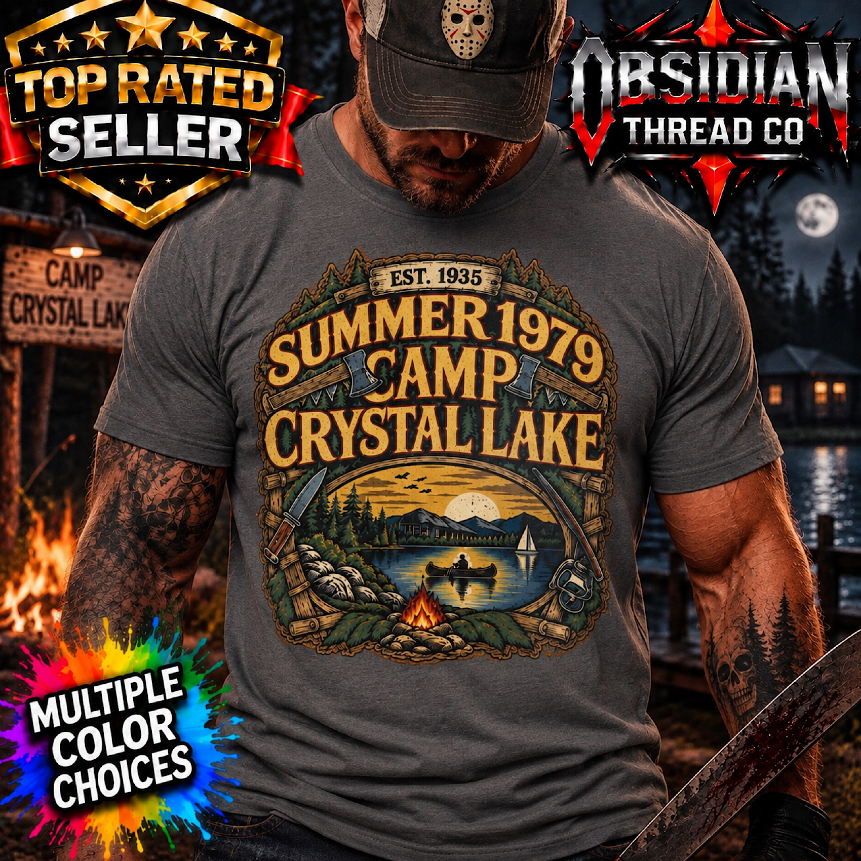 Friday the 13th Camp Crystal Lake 1979 T-Shirt Jason Horror Halloween Gildan Tee color preview 2