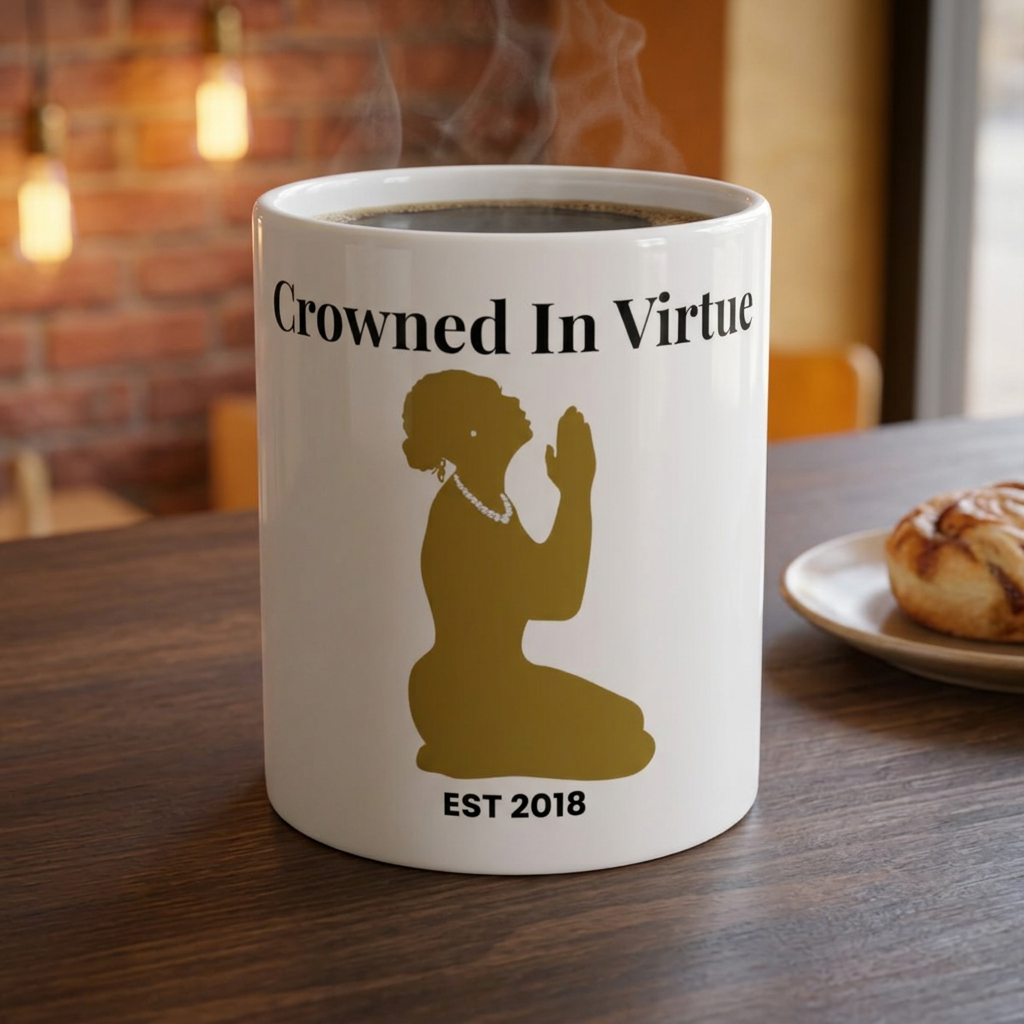 'Crowned in Virtue' White & Gold Ceramic Mug — Prayerful Silhouette Coffee Cup (11oz & 15oz)
