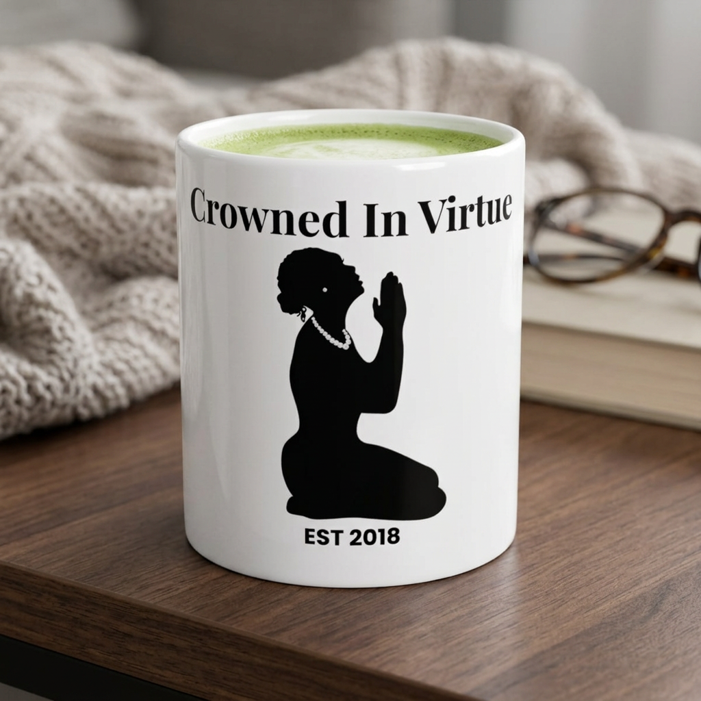'Crowned in Virtue' White & Black Ceramic Mug — Prayerful Silhouette Coffee Cup (11oz & 15oz)