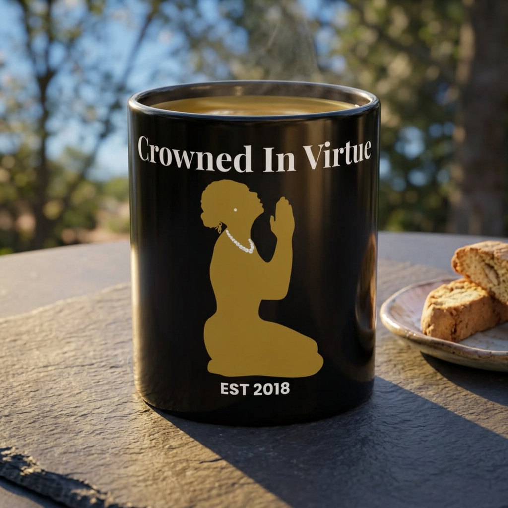 'Crowned in Virtue' Black & Gold Ceramic Mug — Prayerful Silhouette Coffee Cup (11oz & 15oz)