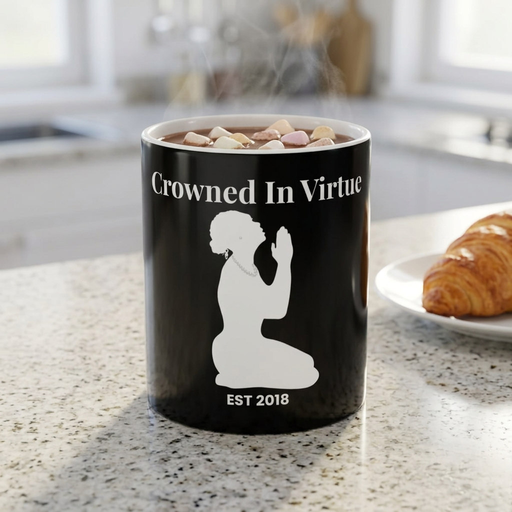 'Crowned in Virtue' Black & White Ceramic Mug — Prayerful Silhouette Coffee Cup (11oz & 15oz)