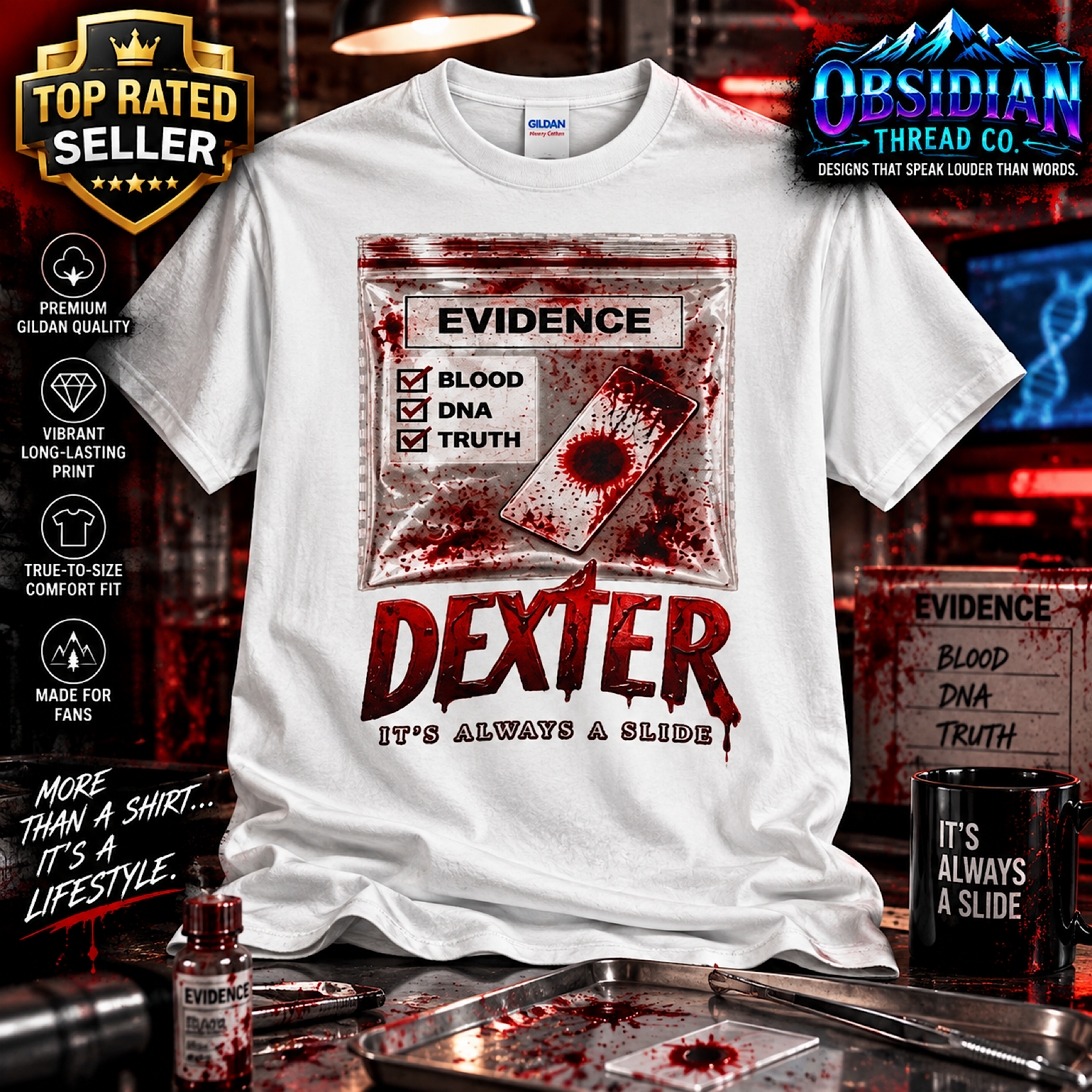 DEXTER RESURRECTION SEASON 2 EVIDENCE BLOOD DNA SERIAL KILLER HORROR T-SHIRT color preview 3