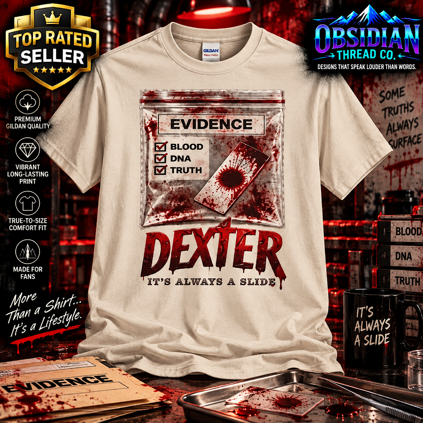 DEXTER RESURRECTION SEASON 2 EVIDENCE BLOOD DNA SERIAL KILLER HORROR T-SHIRT color preview 2
