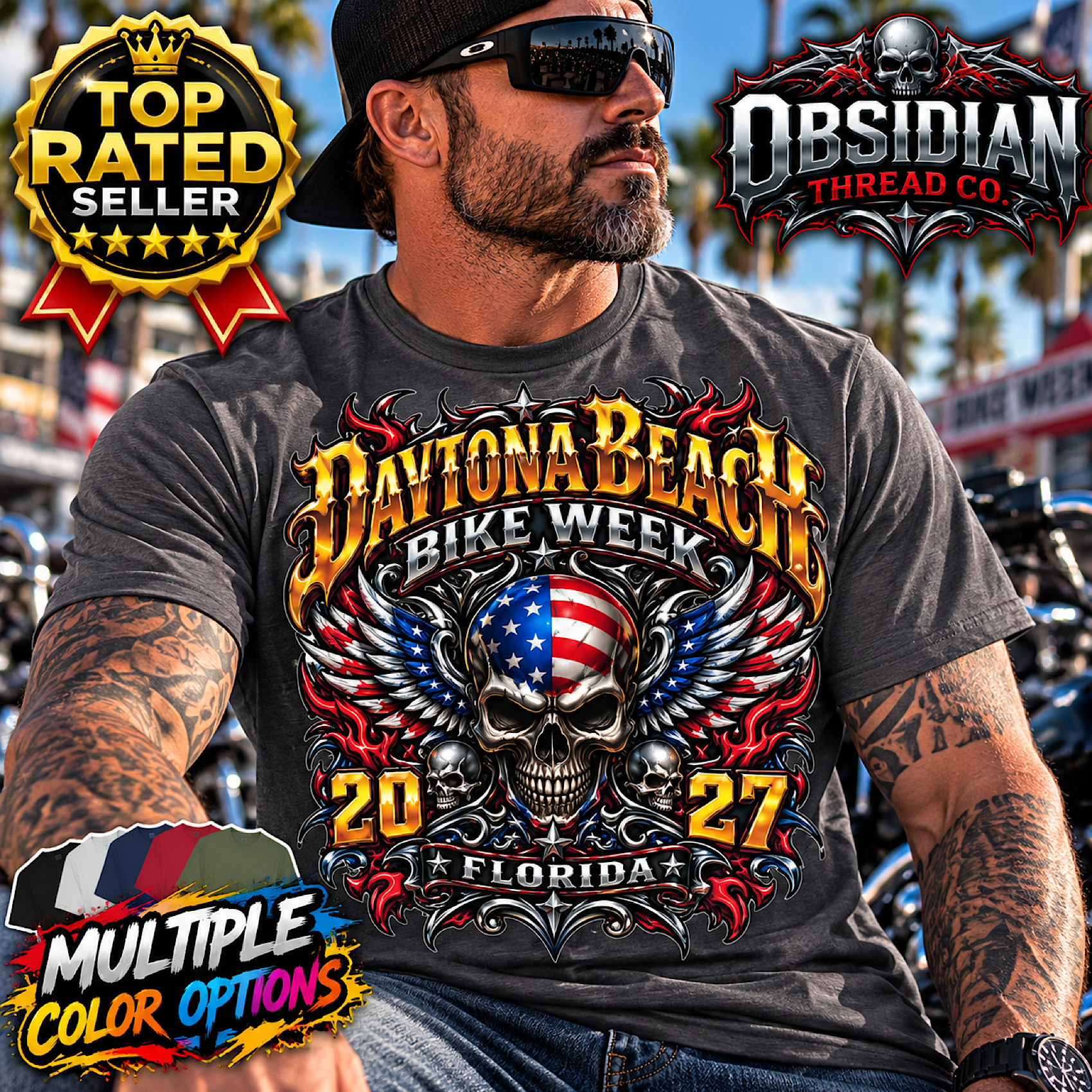 2027 Daytona Bike Week Shirt Florida Skull Motorcycle Rally Tee No Harley color preview 2