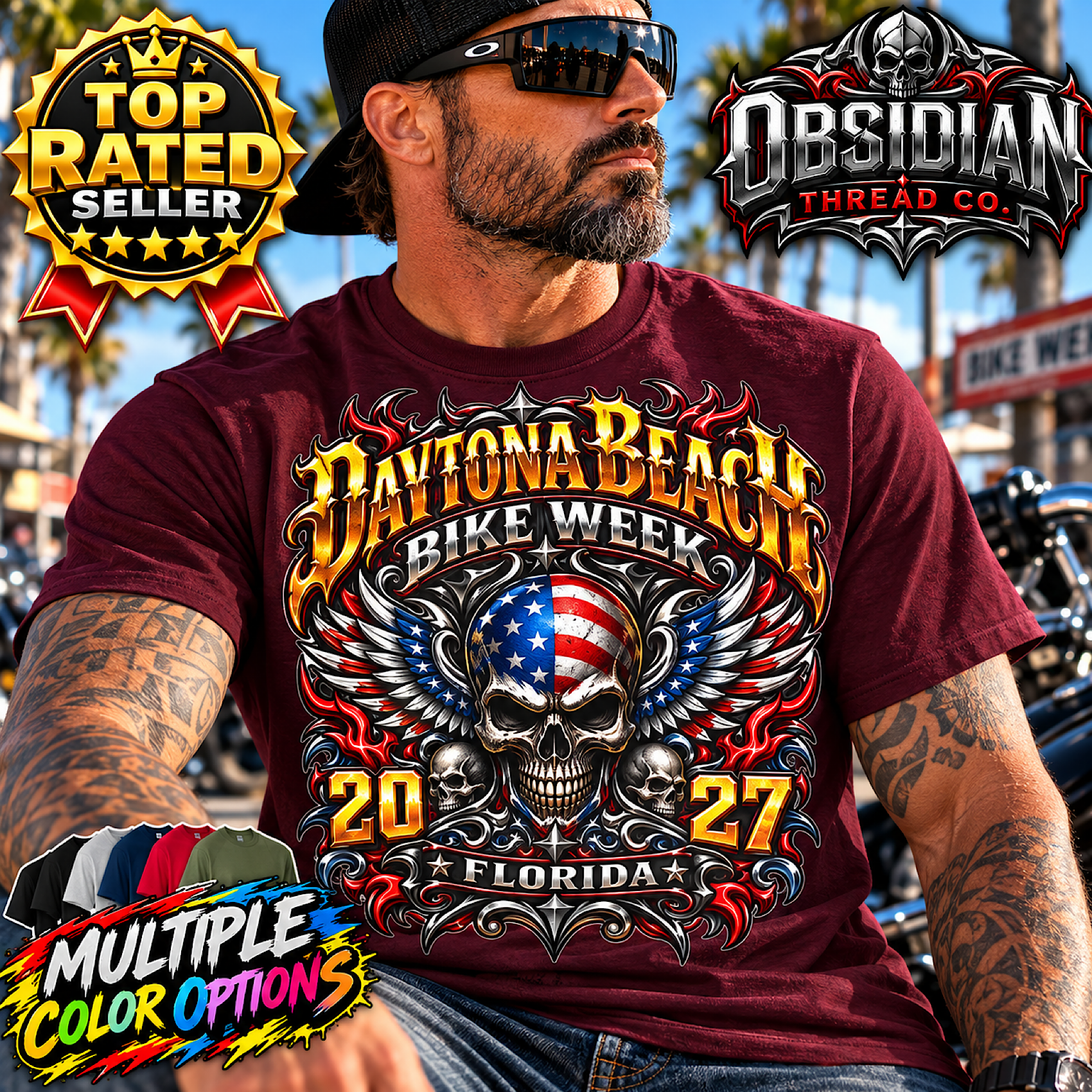 2027 Daytona Bike Week Shirt Florida Skull Motorcycle Rally Tee No Harley color preview 3