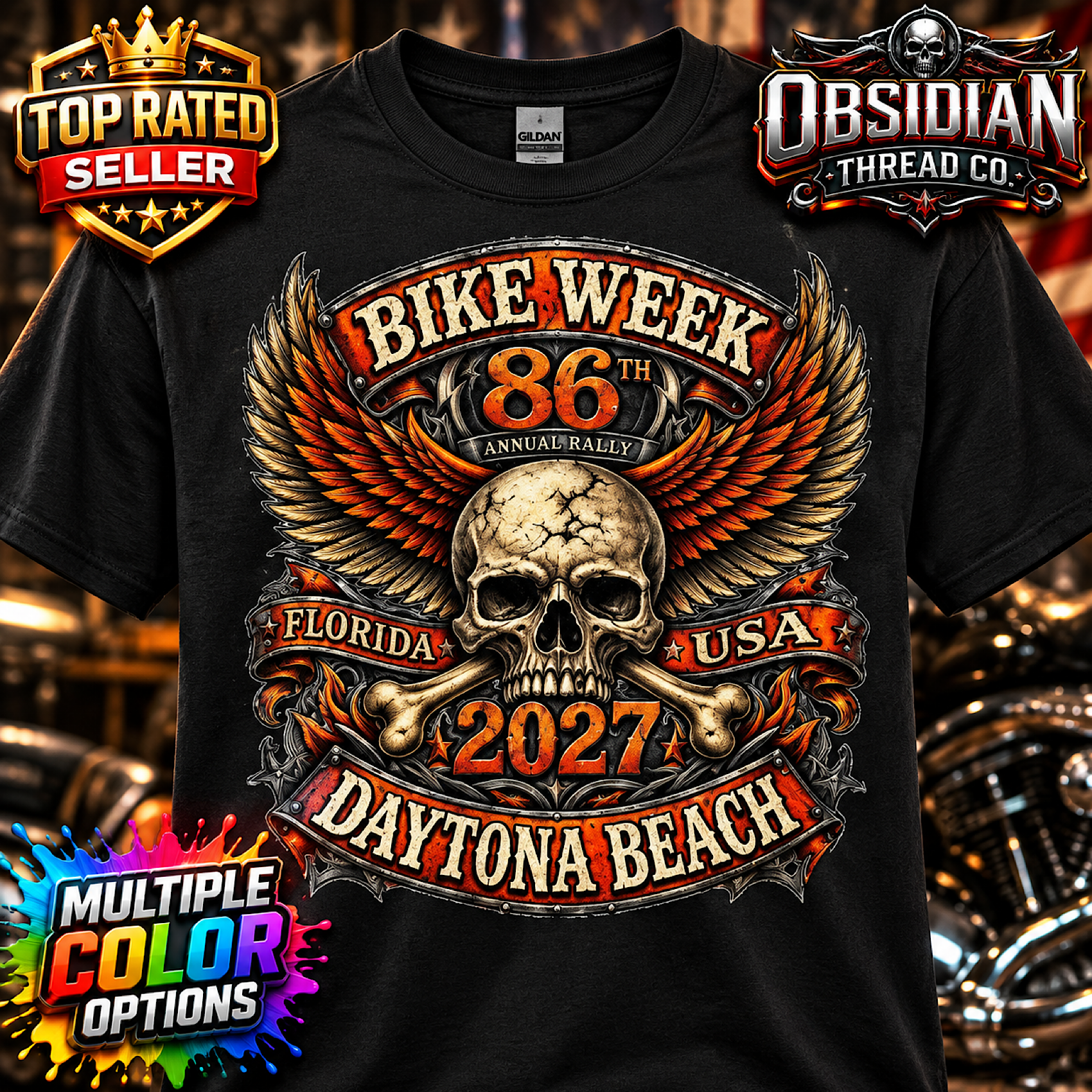 2027 Daytona Bike Week 86th Rally Skull Wings Florida Shirt No Harley color preview 4