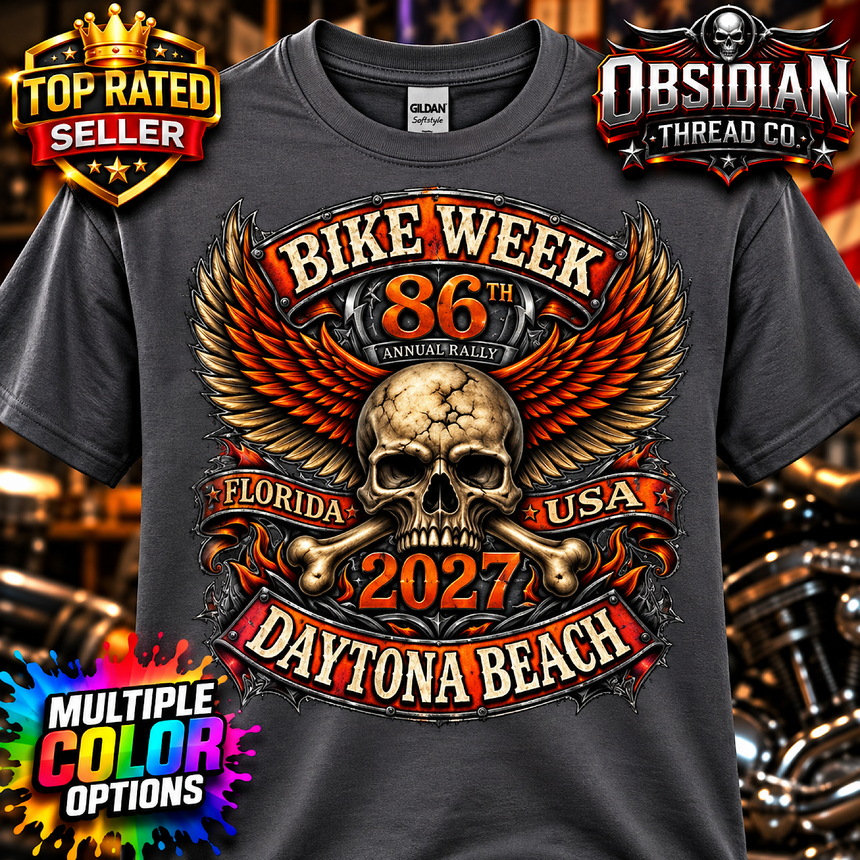 2027 Daytona Bike Week 86th Rally Skull Wings Florida Shirt No Harley color preview 2