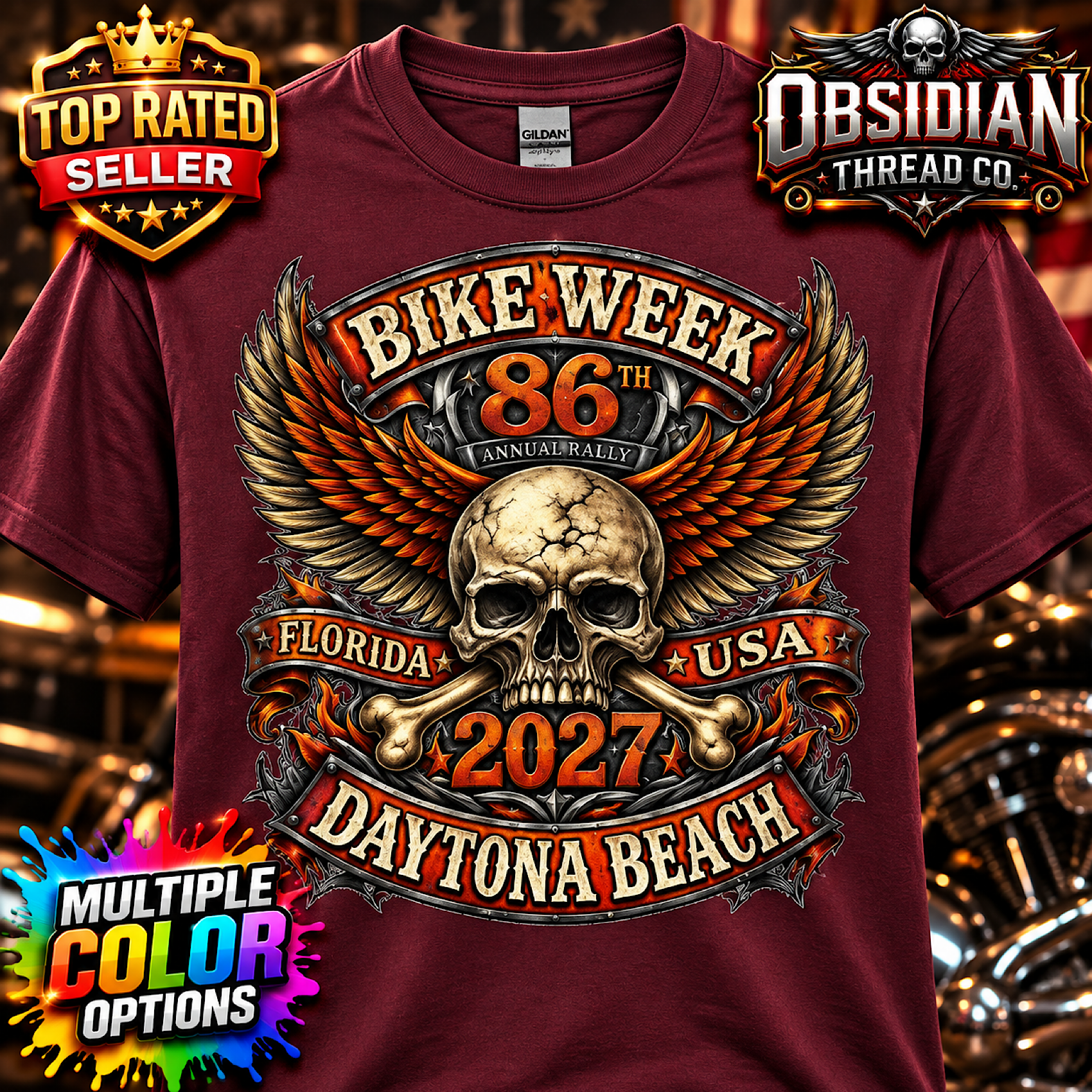 2027 Daytona Bike Week 86th Rally Skull Wings Florida Shirt No Harley color preview 3