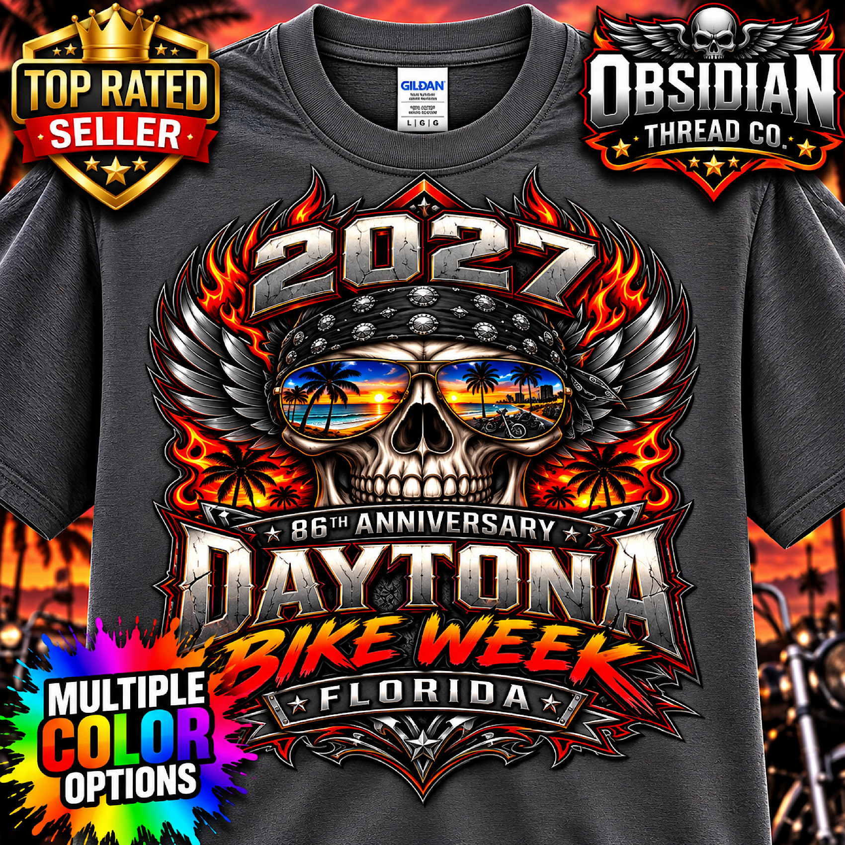 2027 Daytona Bike Week 86th Anniversary Florida Skull Biker Shirt No Harley color preview 2