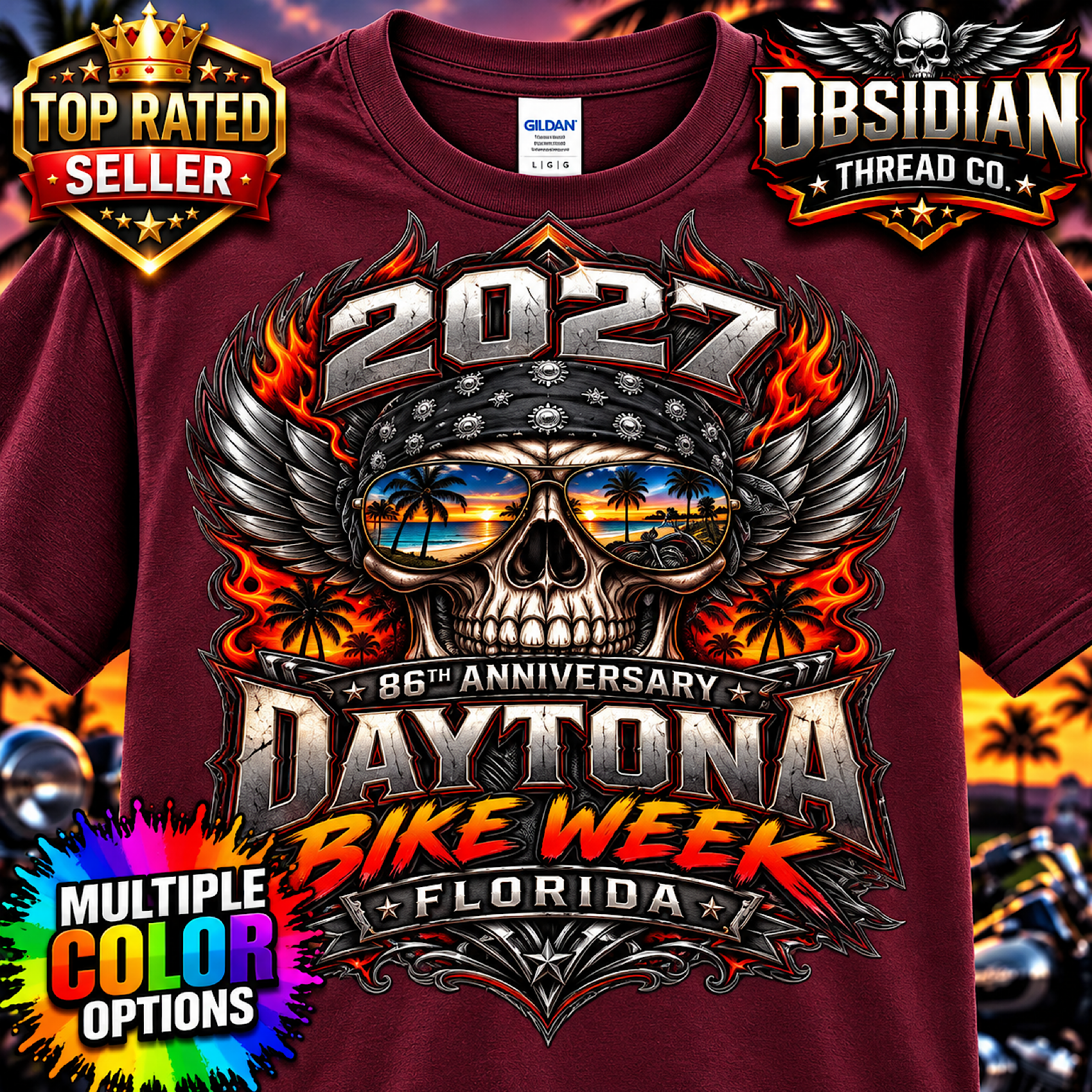 2027 Daytona Bike Week 86th Anniversary Florida Skull Biker Shirt No Harley color preview 3