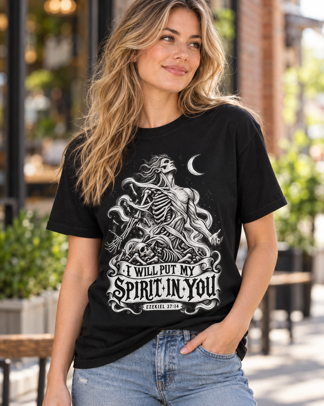 I Will Put My Spirit In You T-shirt | Skeleton Woman Moon Illustration: other