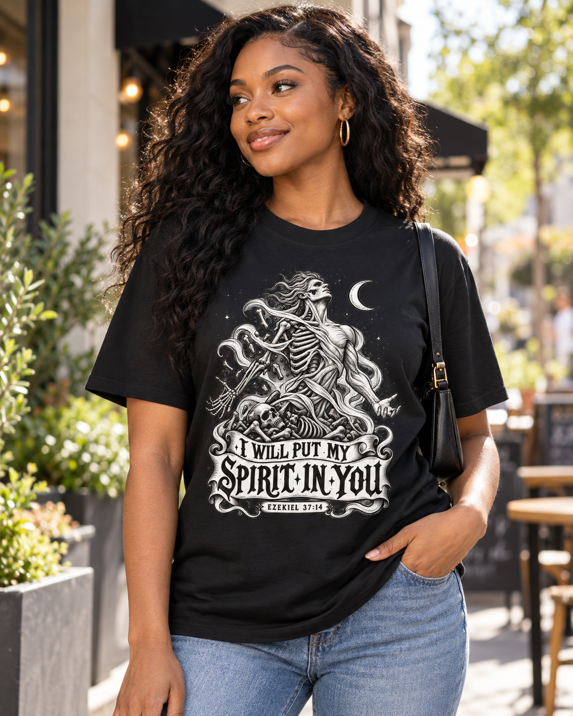 Black I Will Put My Spirit In You T-shirt | Skeleton Woman Moon Illustration