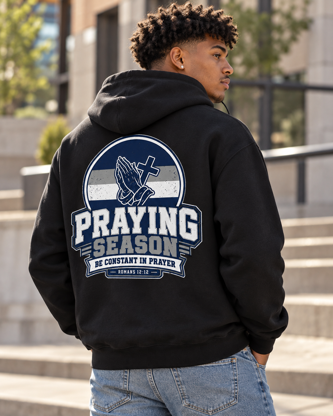Praying Season hoodie | Navy/silver/white| Romans 12:12 Christian sweatshirt: other