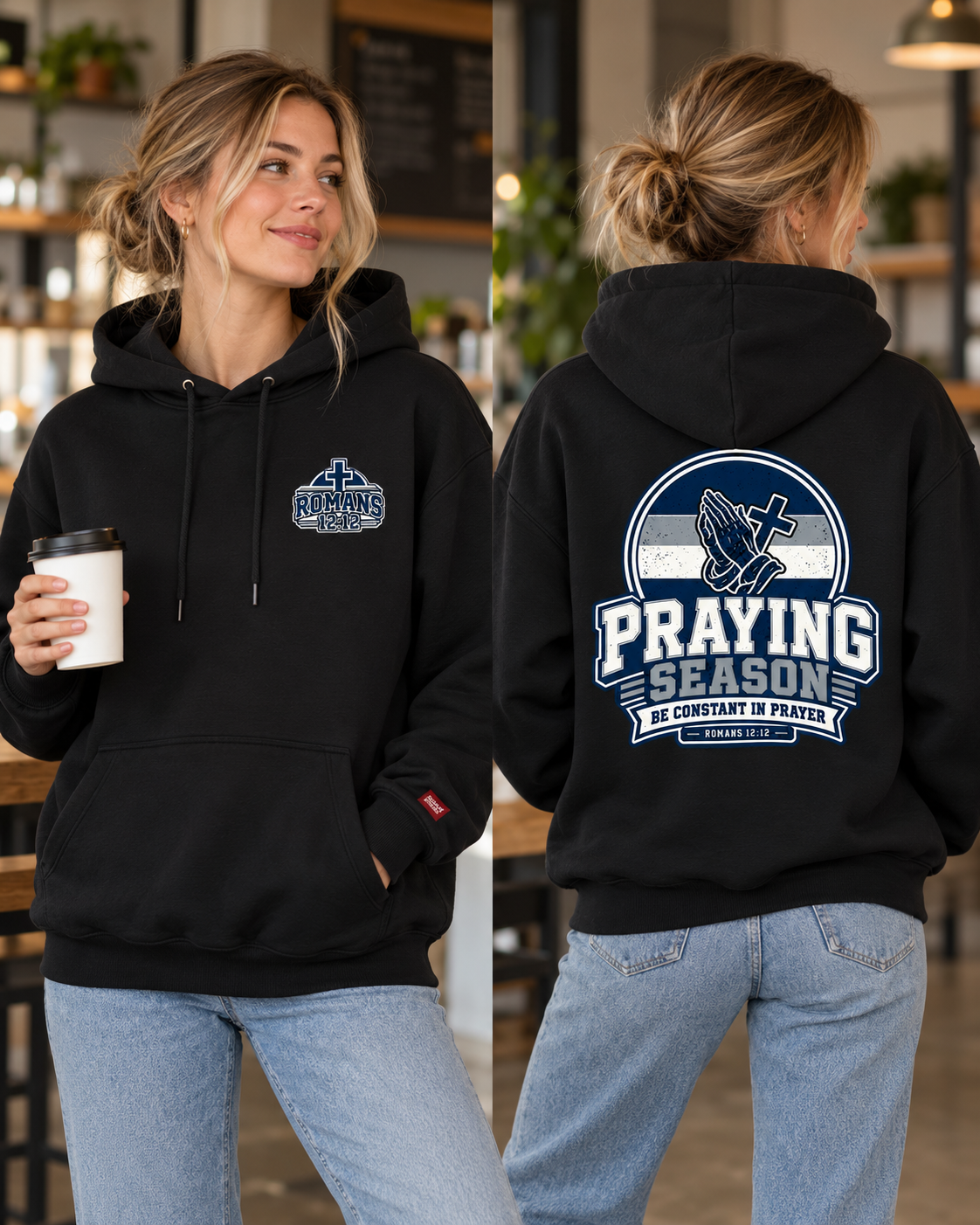 Praying Season hoodie | Navy/silver/white| Romans 12:12 Christian sweatshirt: other