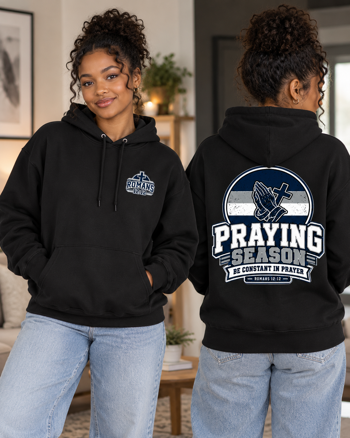 Praying Season hoodie | Navy/silver/white| Romans 12:12 Christian sweatshirt: other