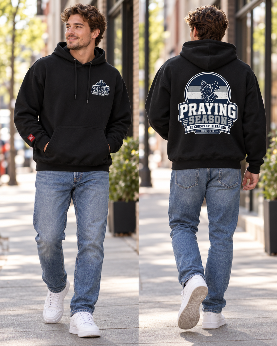 Praying Season hoodie | Navy/silver/white| Romans 12:12 Christian sweatshirt: other