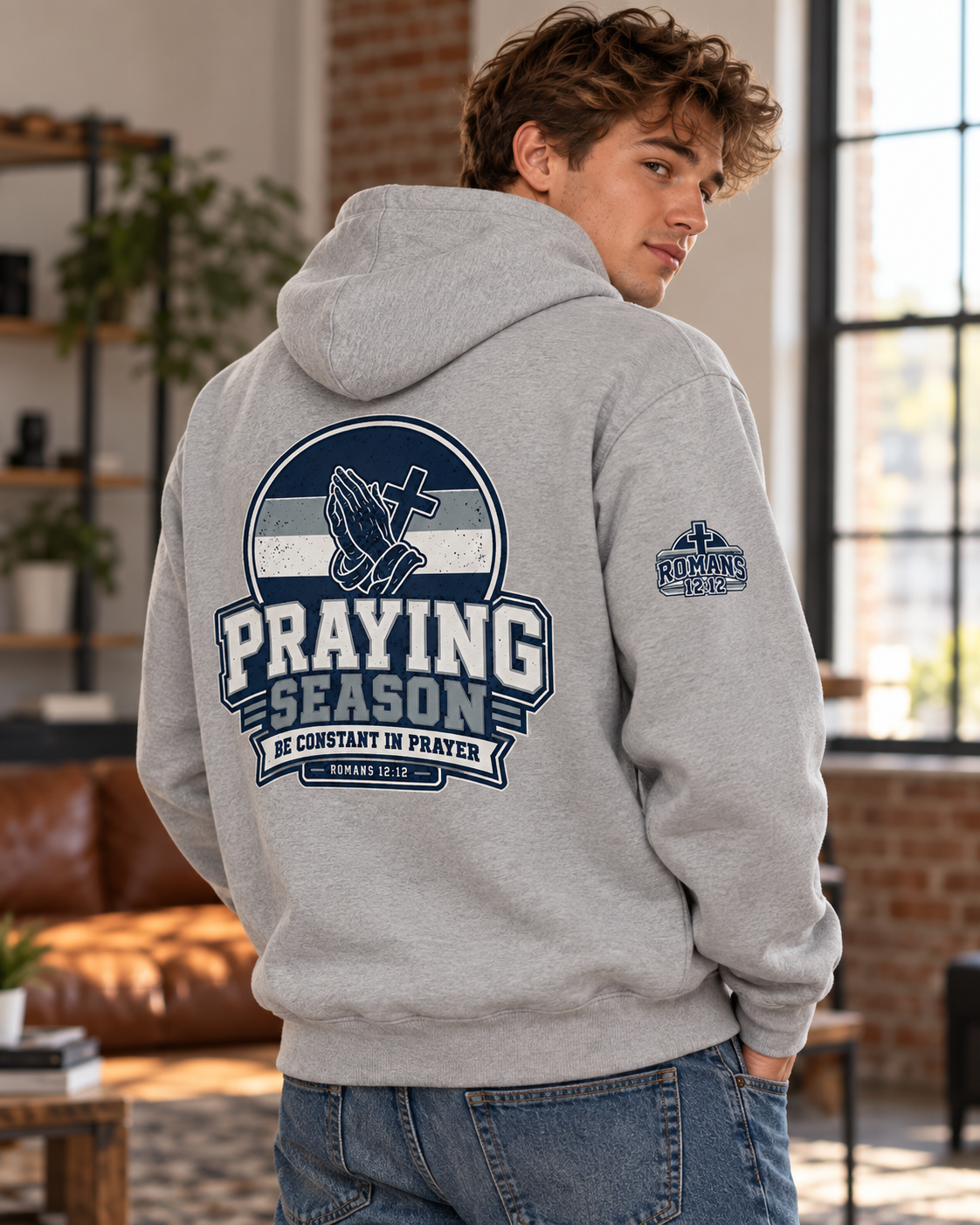 Praying Season hoodie | Navy/silver/white| Romans 12:12 Christian sweatshirt: other