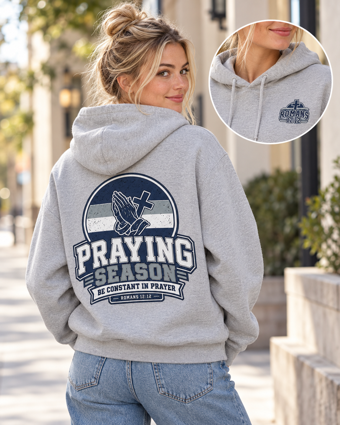 Praying Season hoodie | Navy/silver/white| Romans 12:12 Christian sweatshirt: other