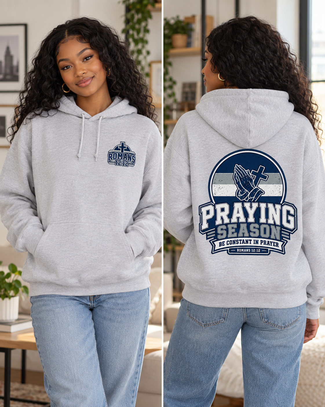 Praying Season hoodie | Navy/silver/white| Romans 12:12 Christian sweatshirt: other