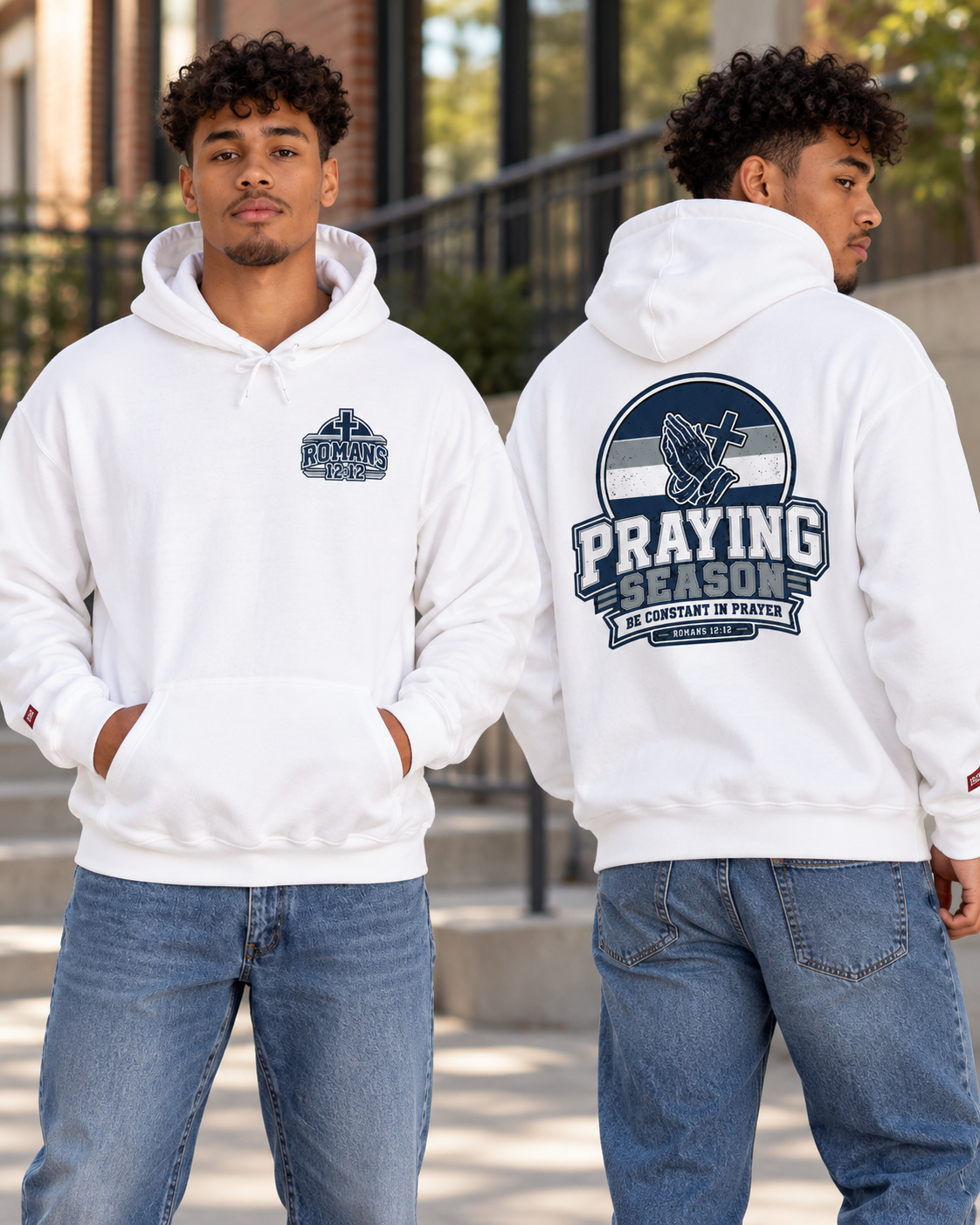 Praying Season hoodie | Navy/silver/white| Romans 12:12 Christian sweatshirt: other
