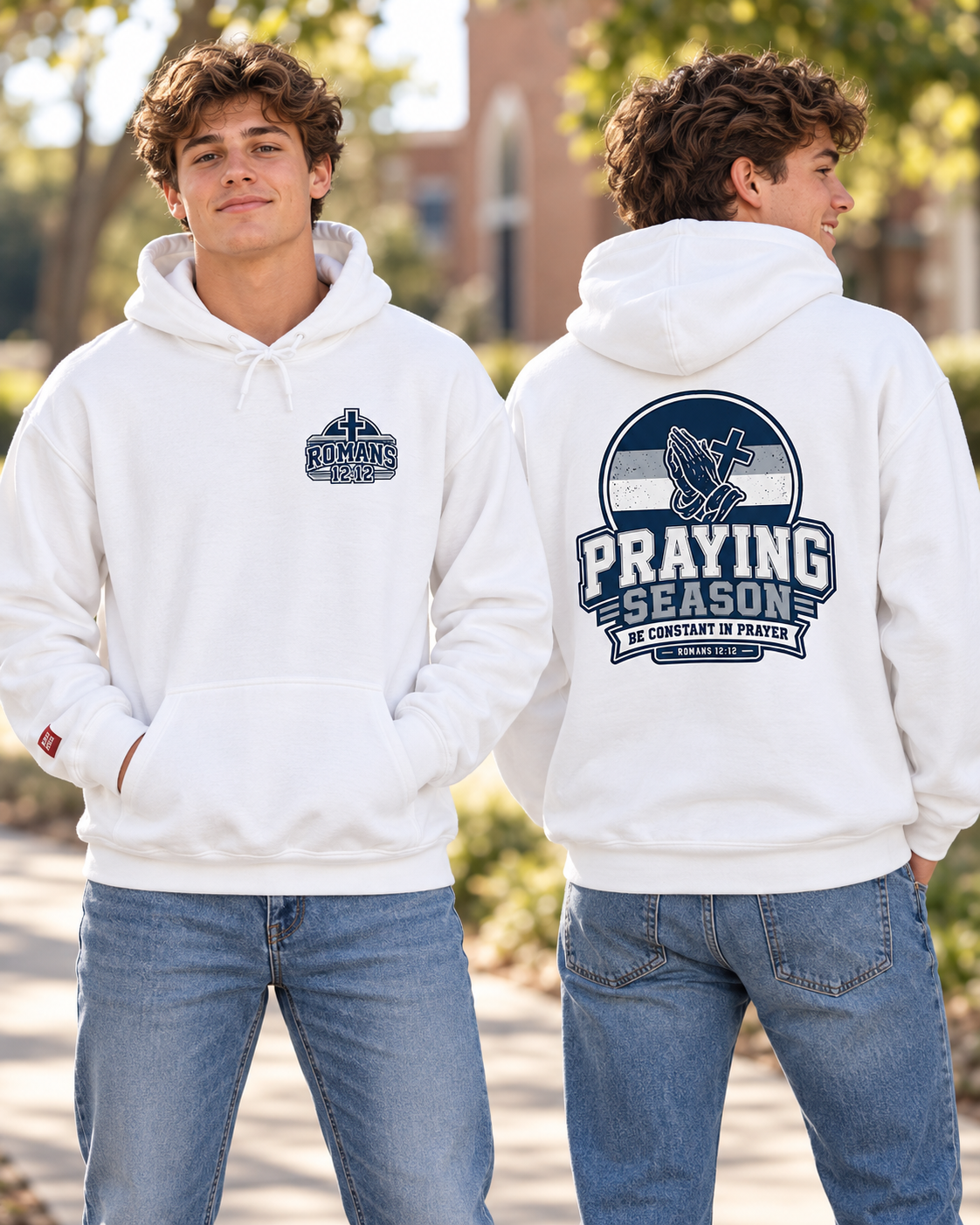 Praying Season hoodie | Navy/silver/white| Romans 12:12 Christian sweatshirt: other