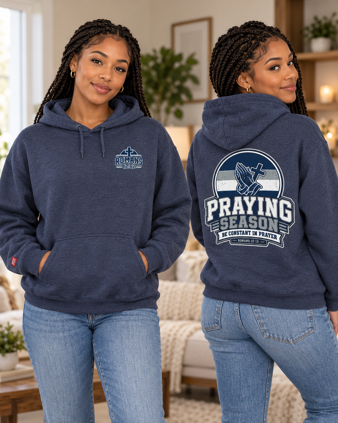Heather Sport Dark Navy Praying Season hoodie | Navy/silver/white| Romans 12:12 Christian sweatshirt