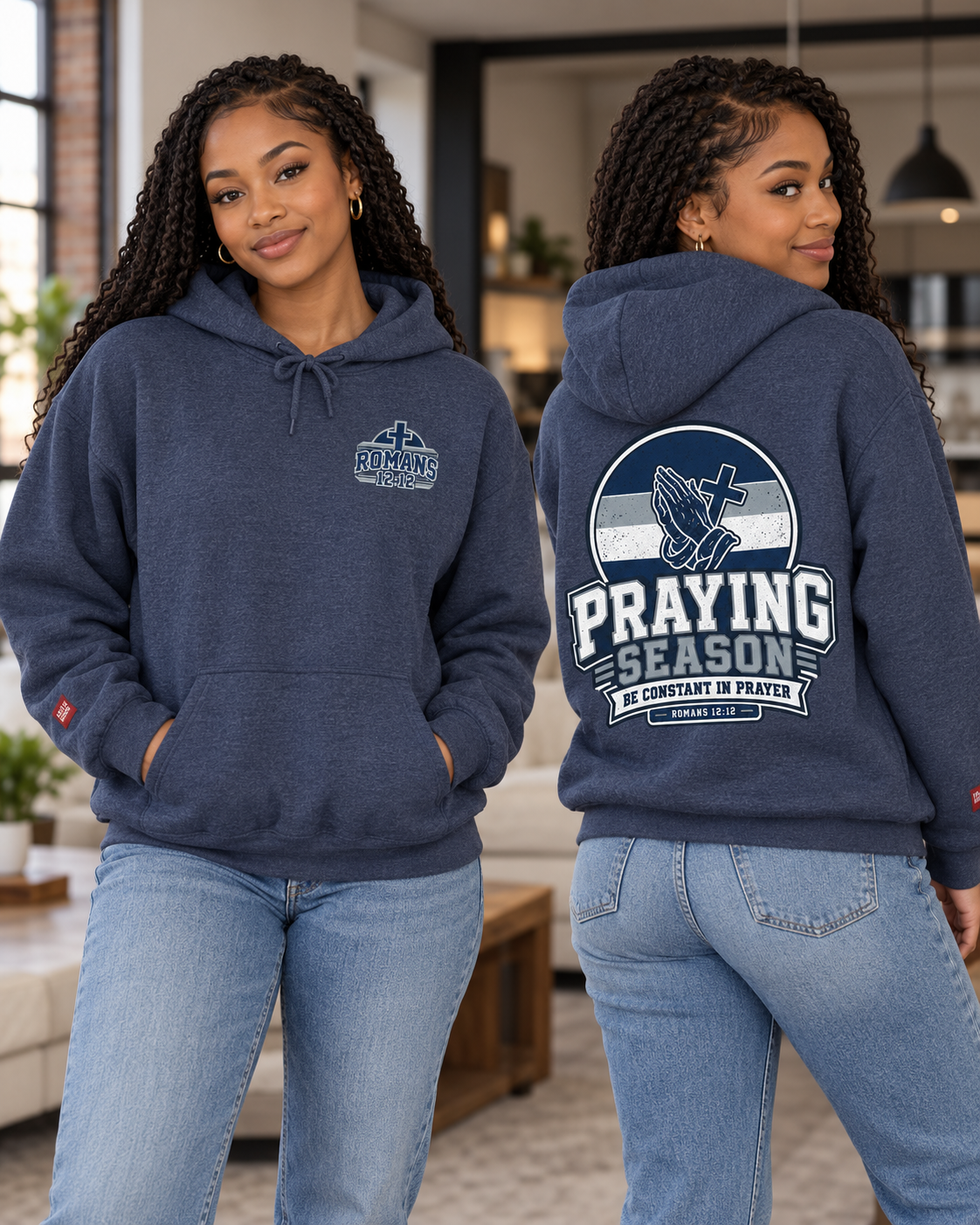 Praying Season hoodie | Navy/silver/white| Romans 12:12 Christian sweatshirt: other
