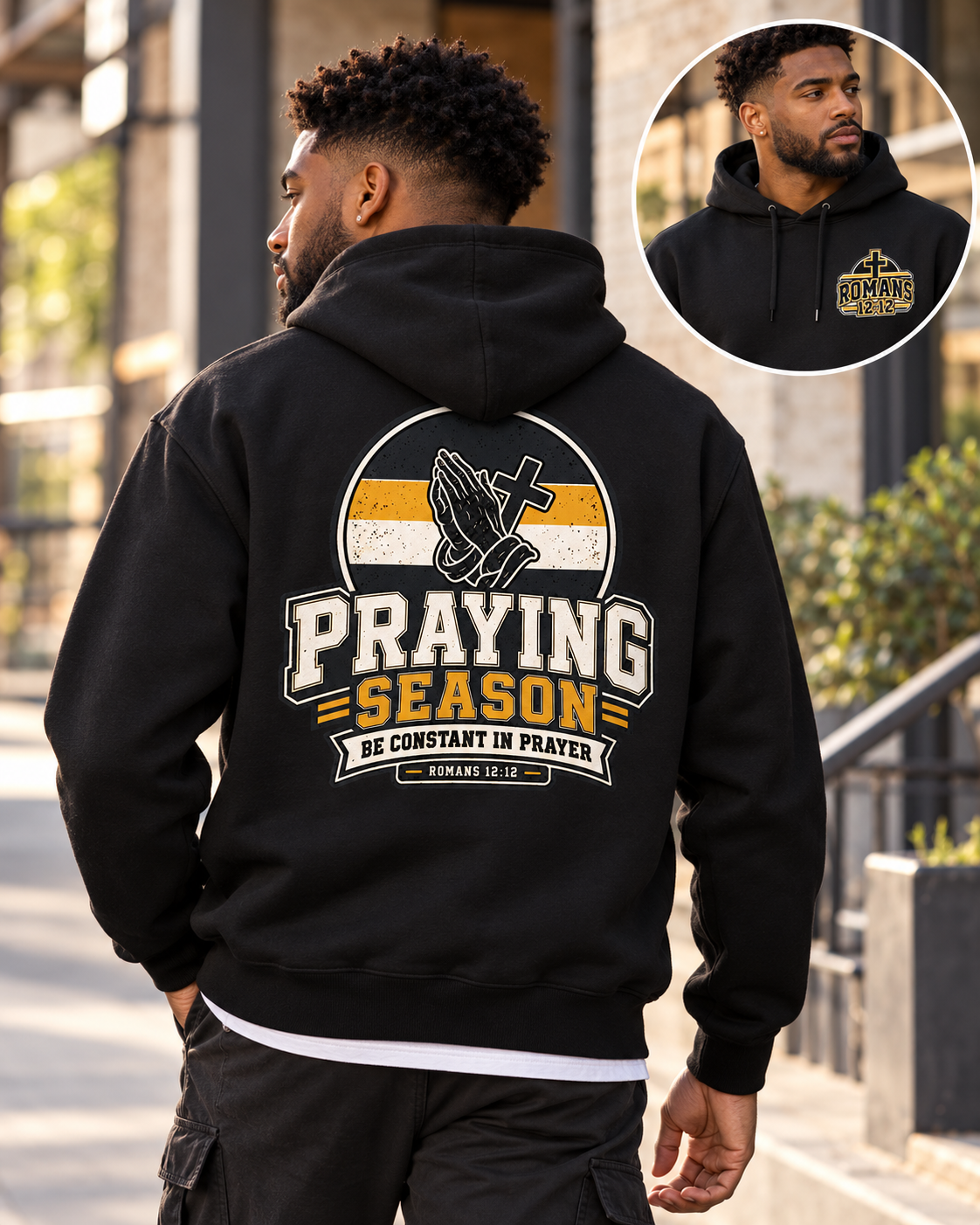Black Praying Season Hoodie | Yellow/Black | Dove & Cross Graphic Hoodie, Faith Sweatshirt