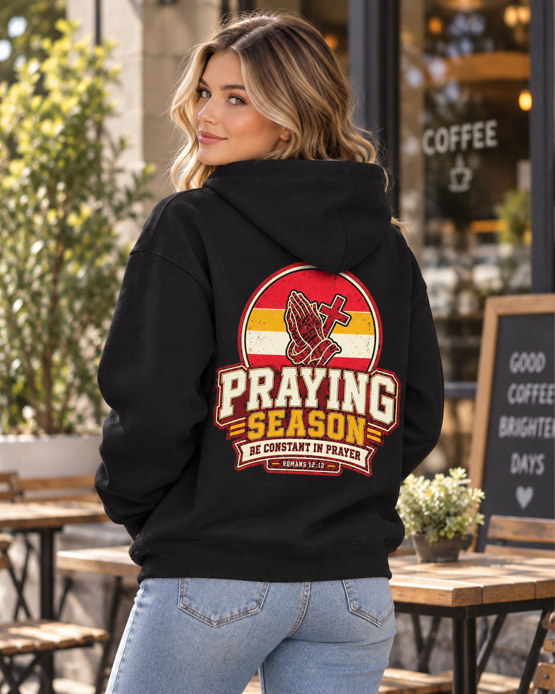 Praying Season hoodie |Red/ Yellow | Christian Romans 12:12 design: other