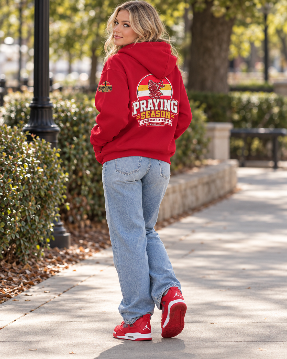 Cherry Red Praying Season hoodie |Red/ Yellow | Christian Romans 12:12 design