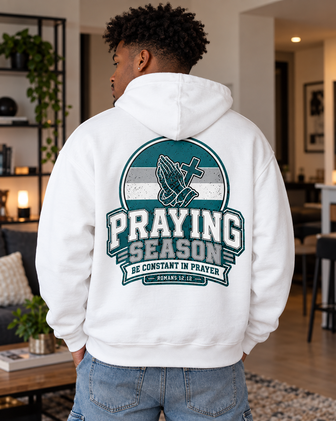 White Praying Season hoodie | Green/Silver | Faith Christian sweatshirt