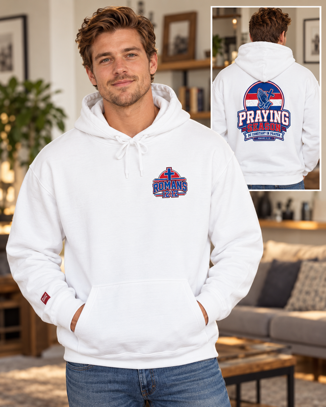 Praying Season Hoodie | Red/Blue | Dove & Cross Graphic Hoodie, Faith Sweatshirt: other