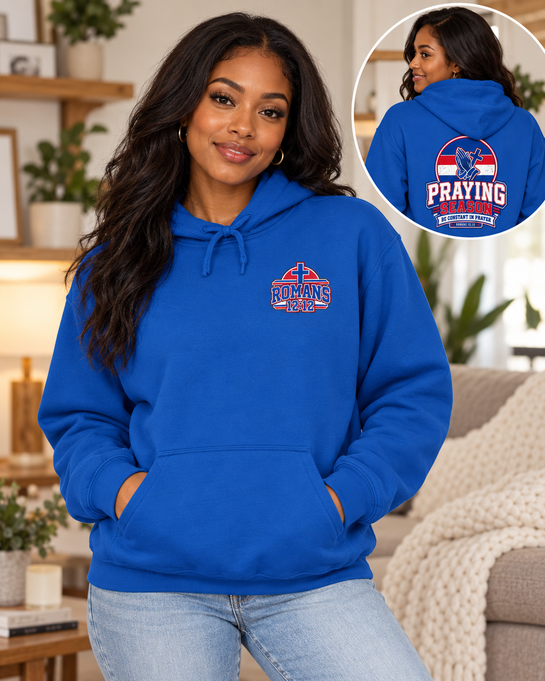 Royal Praying Season Hoodie | Red/Blue | Dove & Cross Graphic Hoodie, Faith Sweatshirt