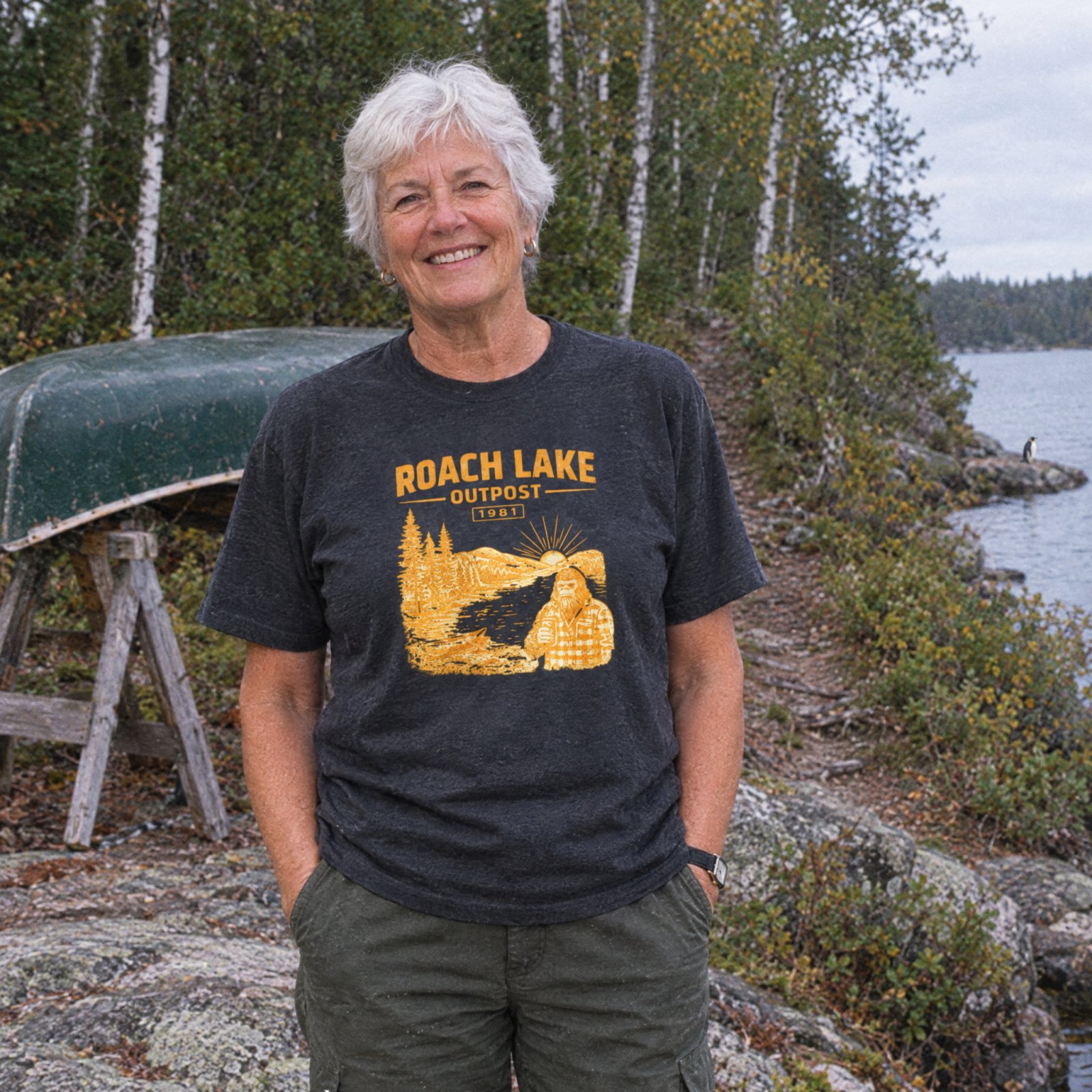 Roach Lake Outpost wilderness graphic T-shirt | fishing cabin camp design — CVC Charcoal — Other view