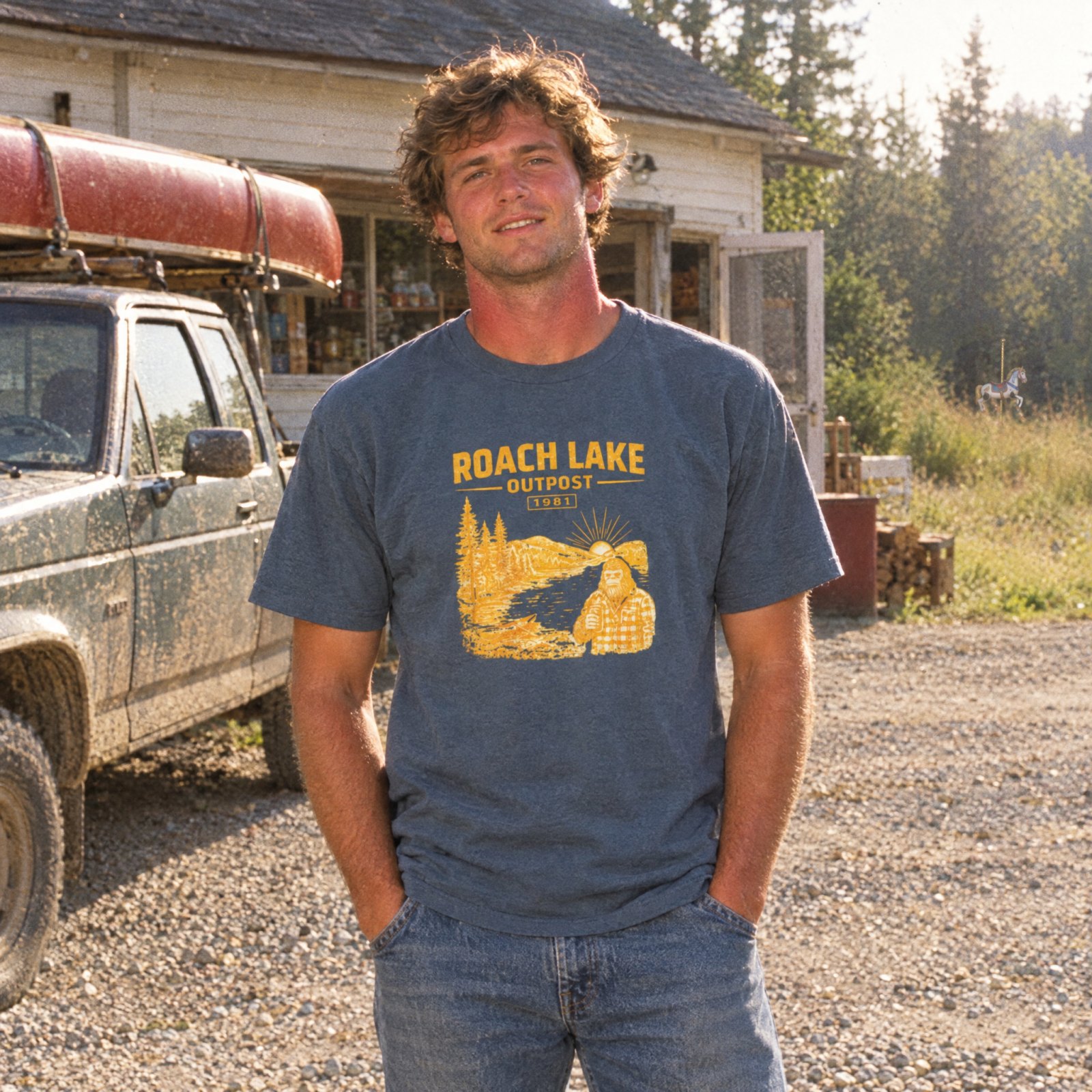 Roach Lake Outpost wilderness graphic T-shirt | fishing cabin camp design — CVC Indigo — Other view