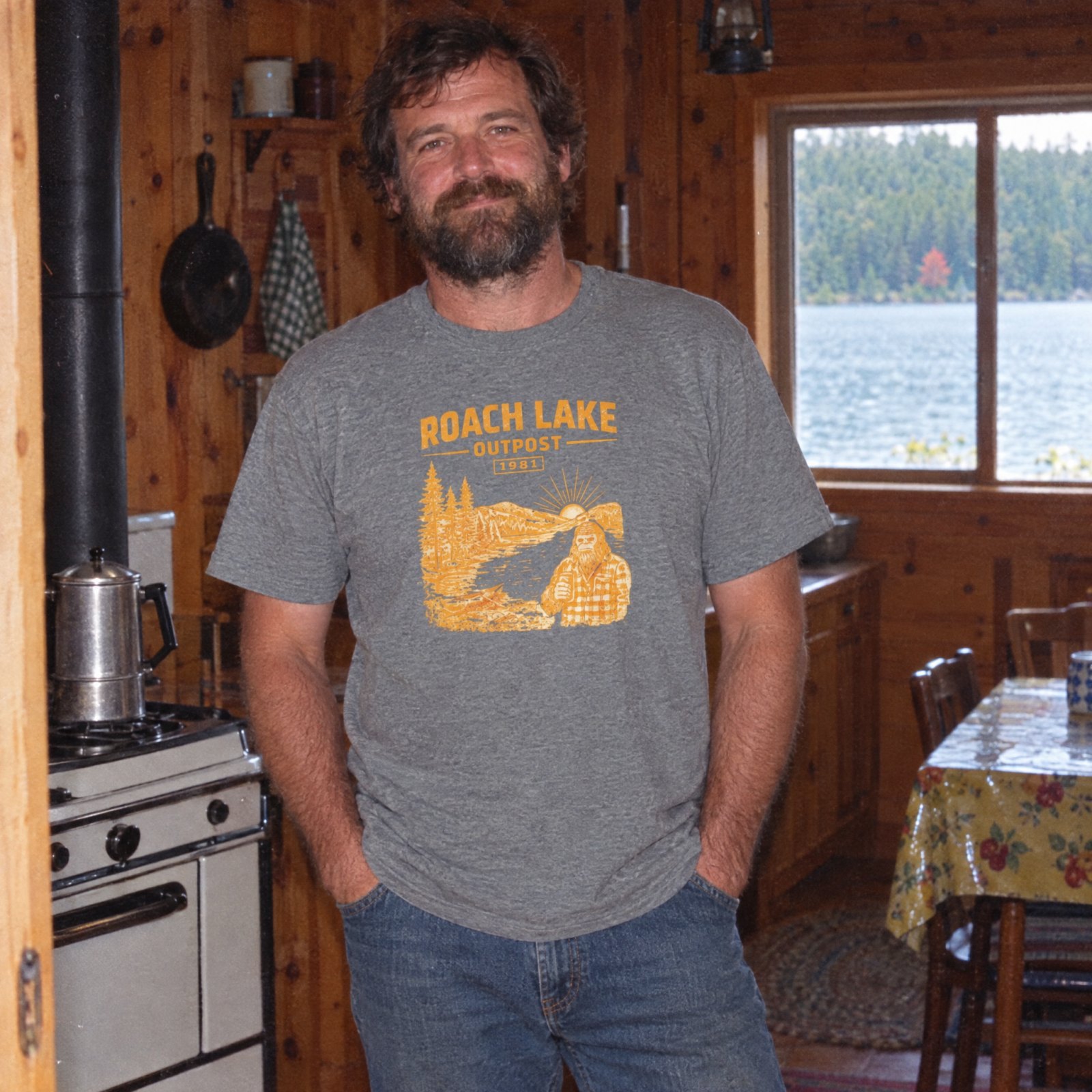 Roach Lake Outpost wilderness graphic T-shirt | fishing cabin camp design — Dark Heather Grey — Other view