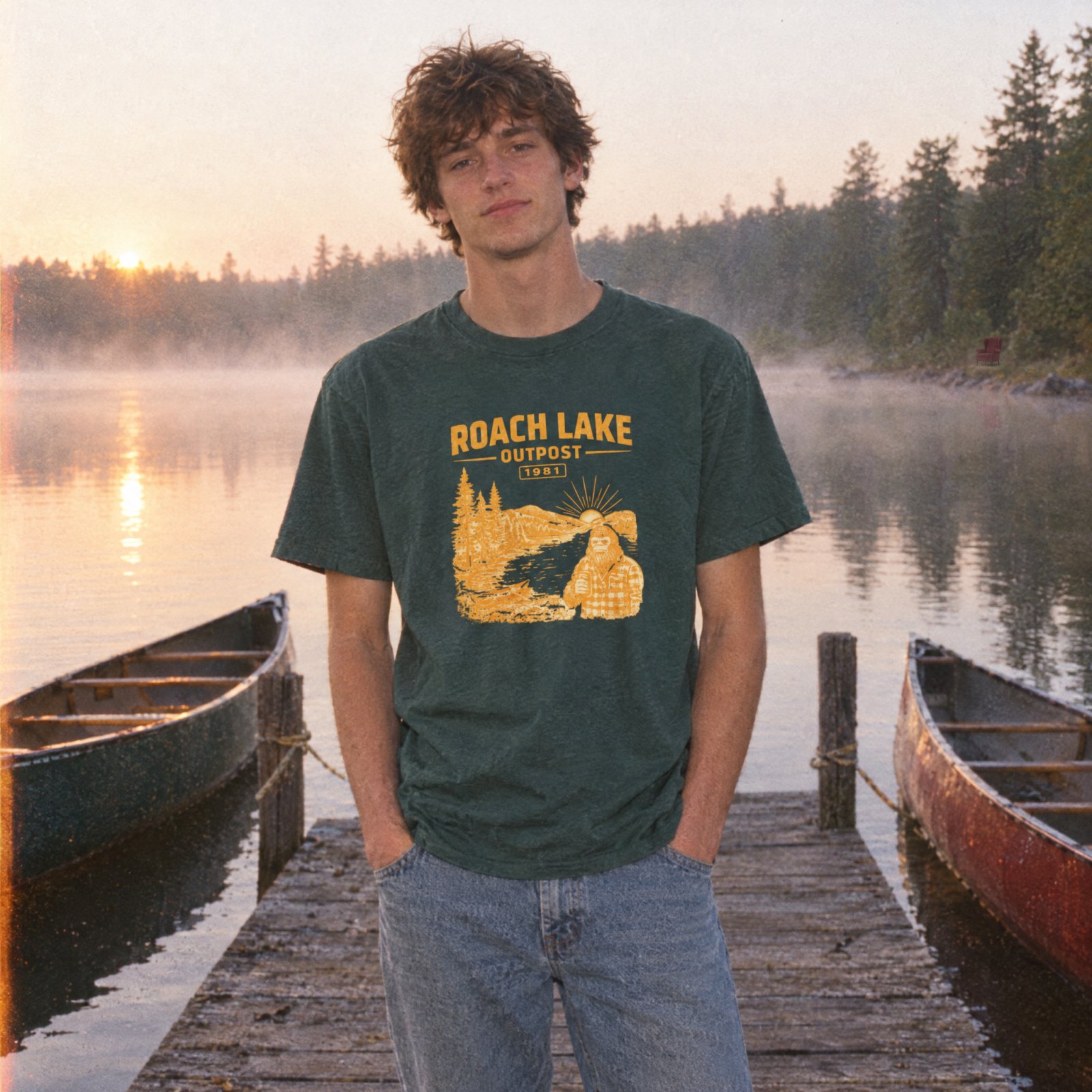 Roach Lake Outpost wilderness graphic T-shirt | fishing cabin camp design — Heather Forest Green — Other view