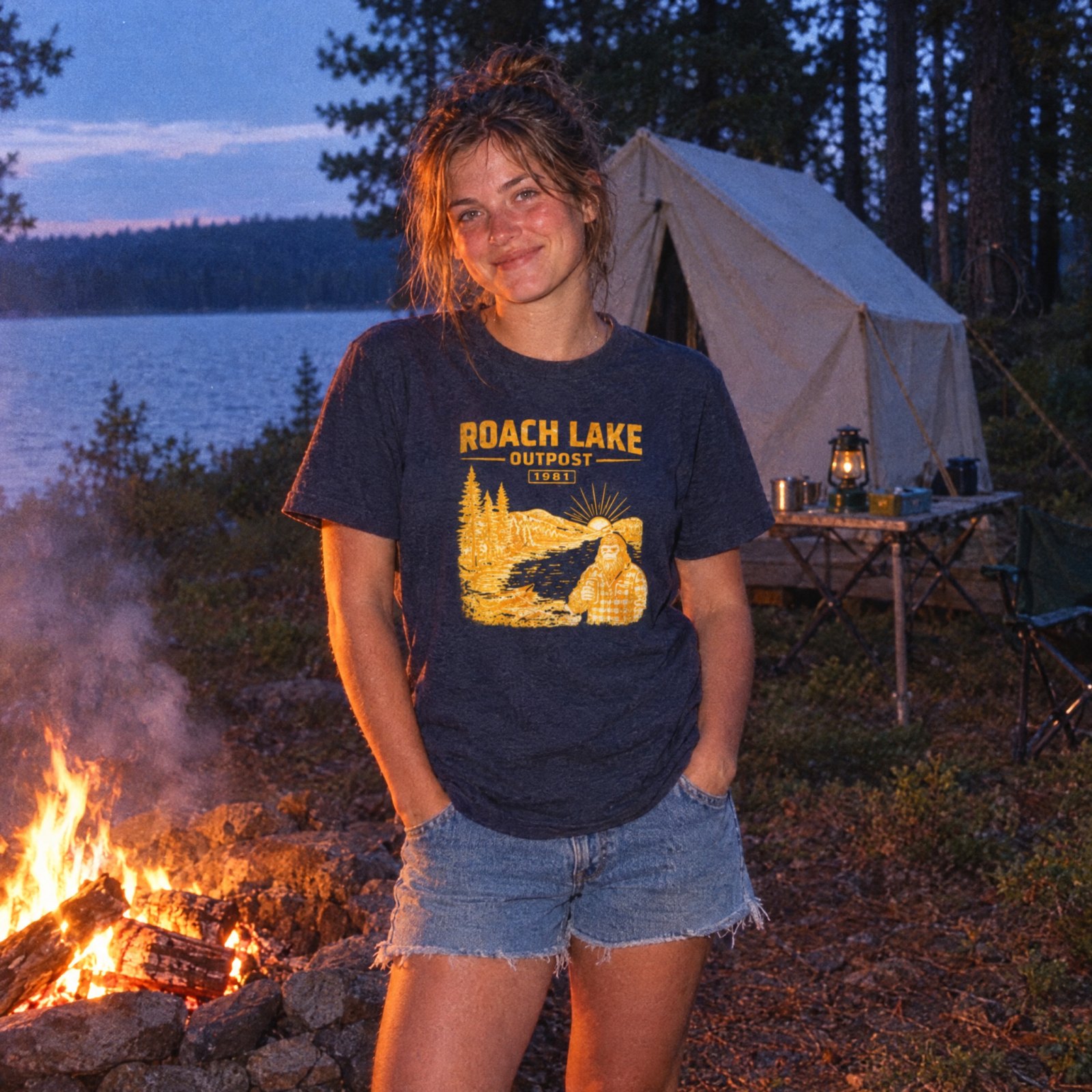 Roach Lake Outpost wilderness graphic T-shirt | fishing cabin camp design — CVC Midnight Navy — Other view