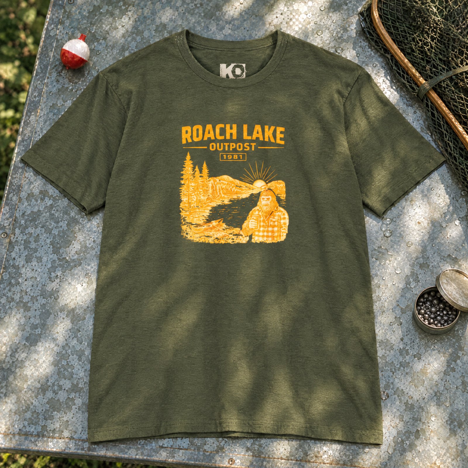 Roach Lake Outpost wilderness graphic T-shirt | fishing cabin camp design — CVC Military Green — Other view