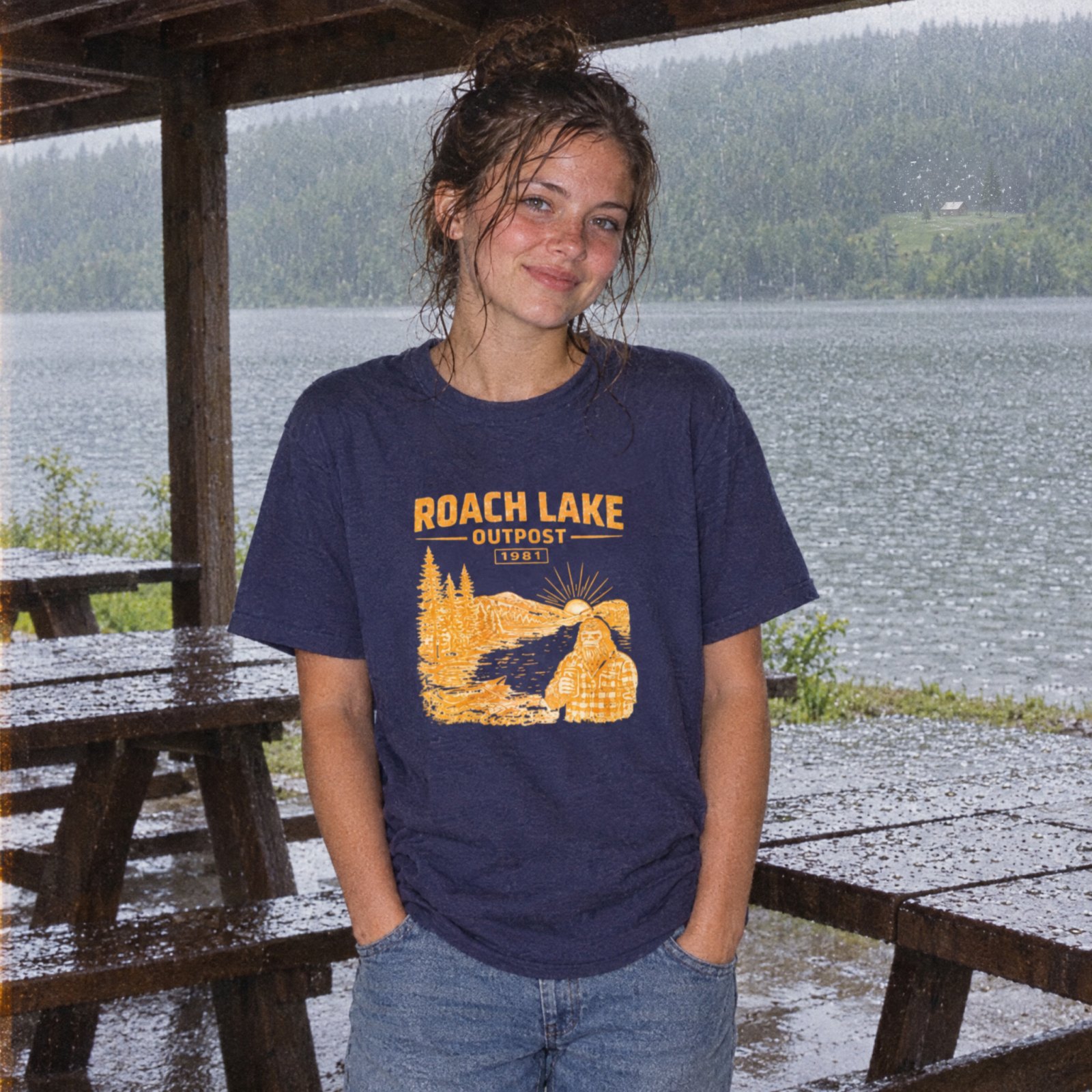 Roach Lake Outpost wilderness graphic T-shirt | fishing cabin camp design — CVC Storm — Other view