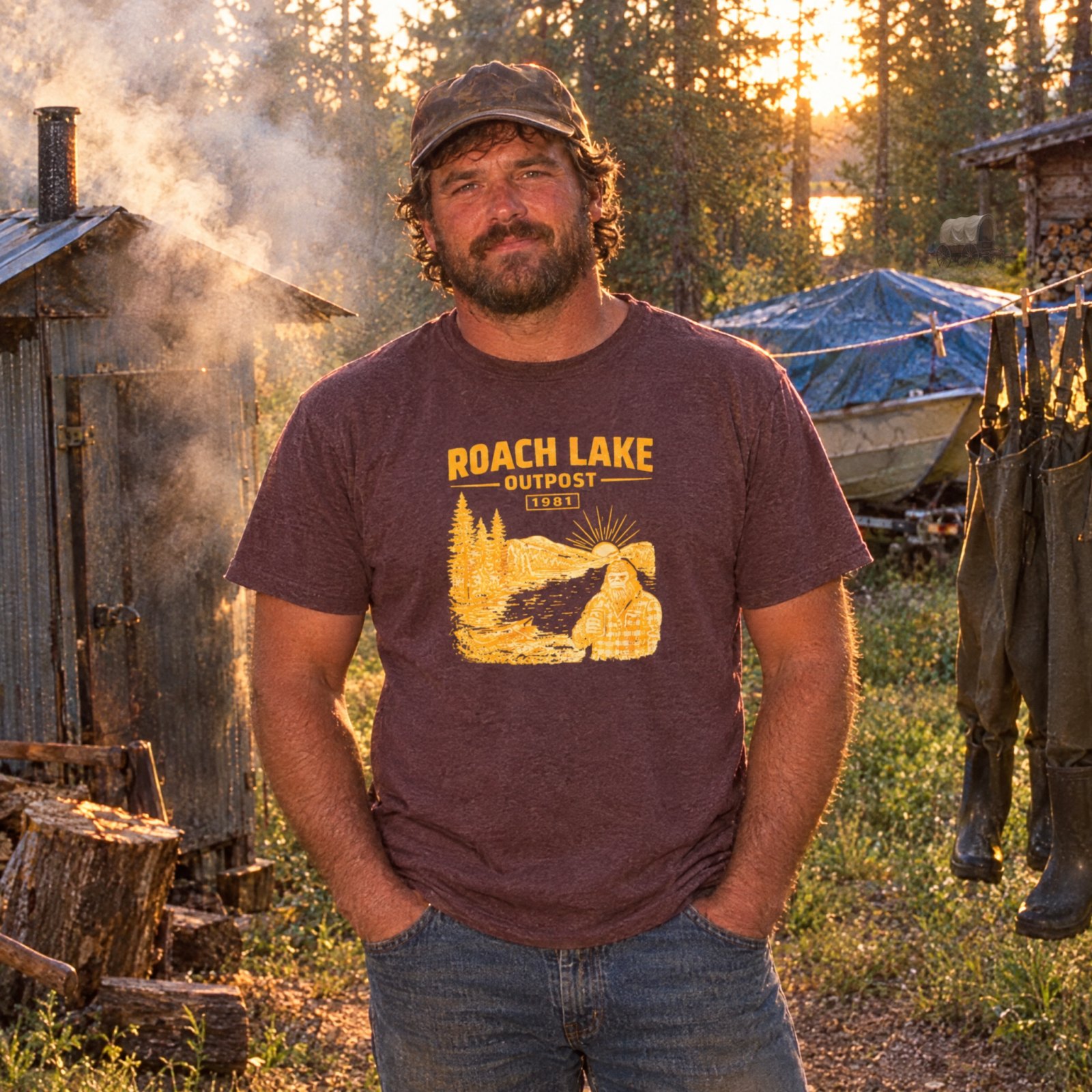 Roach Lake Outpost wilderness graphic T-shirt | fishing cabin camp design — Heather Maroon — Other view