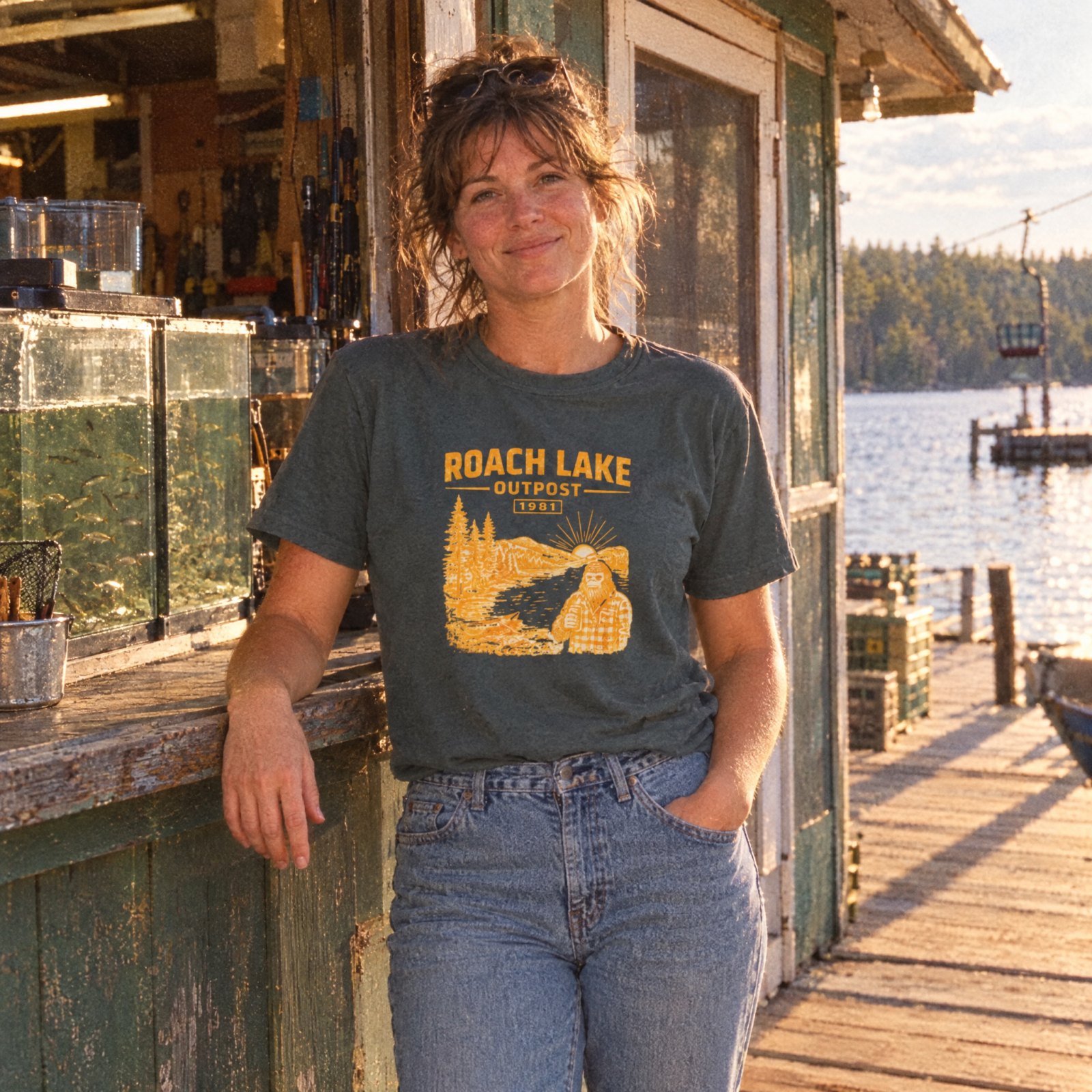 Roach Lake Outpost wilderness graphic T-shirt | fishing cabin camp design — Heather Heavy Metal — Other view