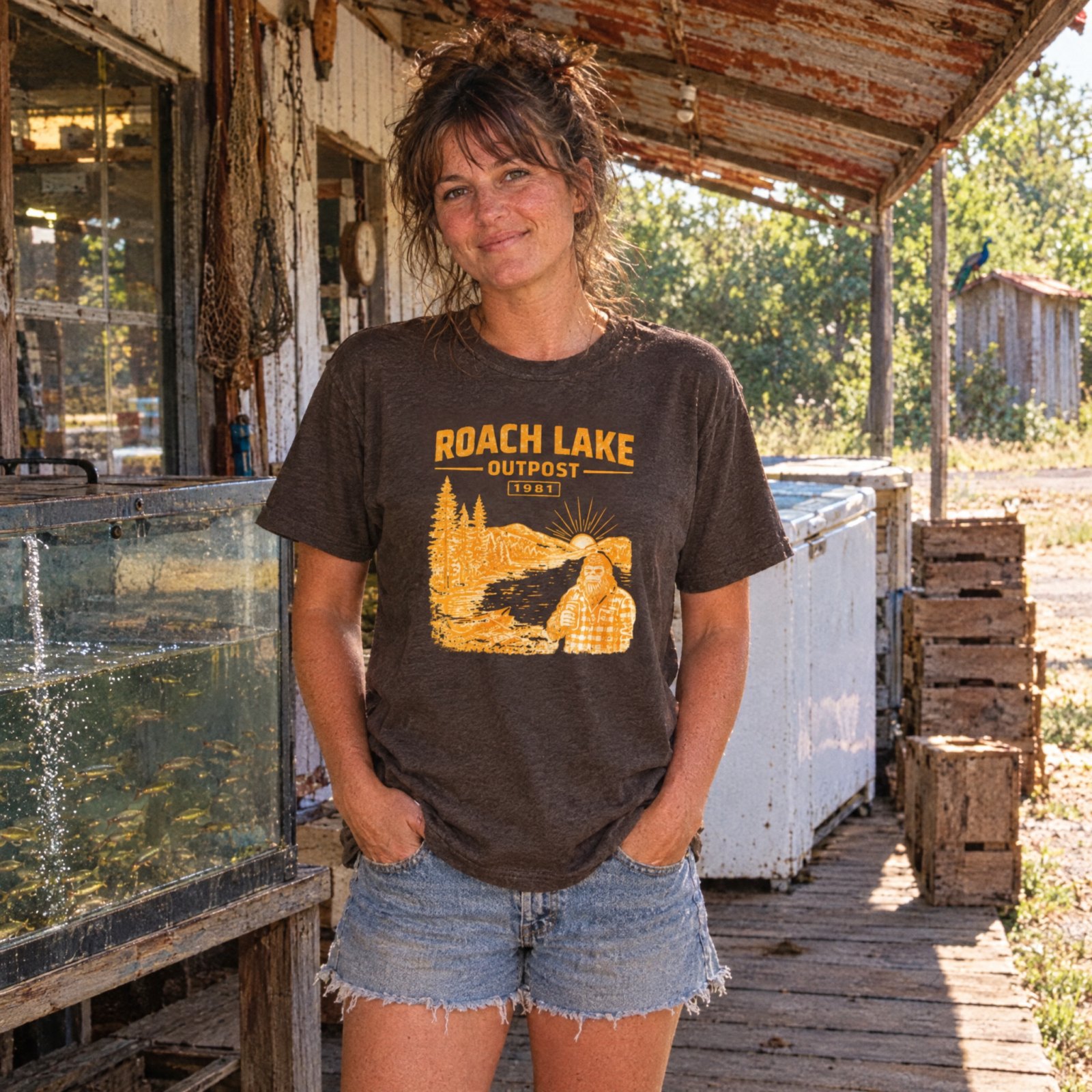 Roach Lake Outpost wilderness graphic T-shirt | fishing cabin camp design — CVC Espresso — Other view