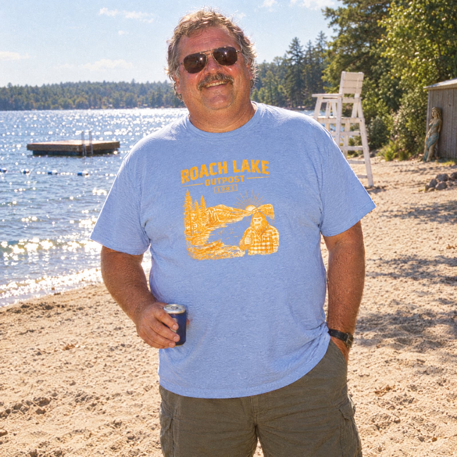 Roach Lake Outpost wilderness graphic T-shirt | fishing cabin camp design — Heather Columbia Blue — Other view