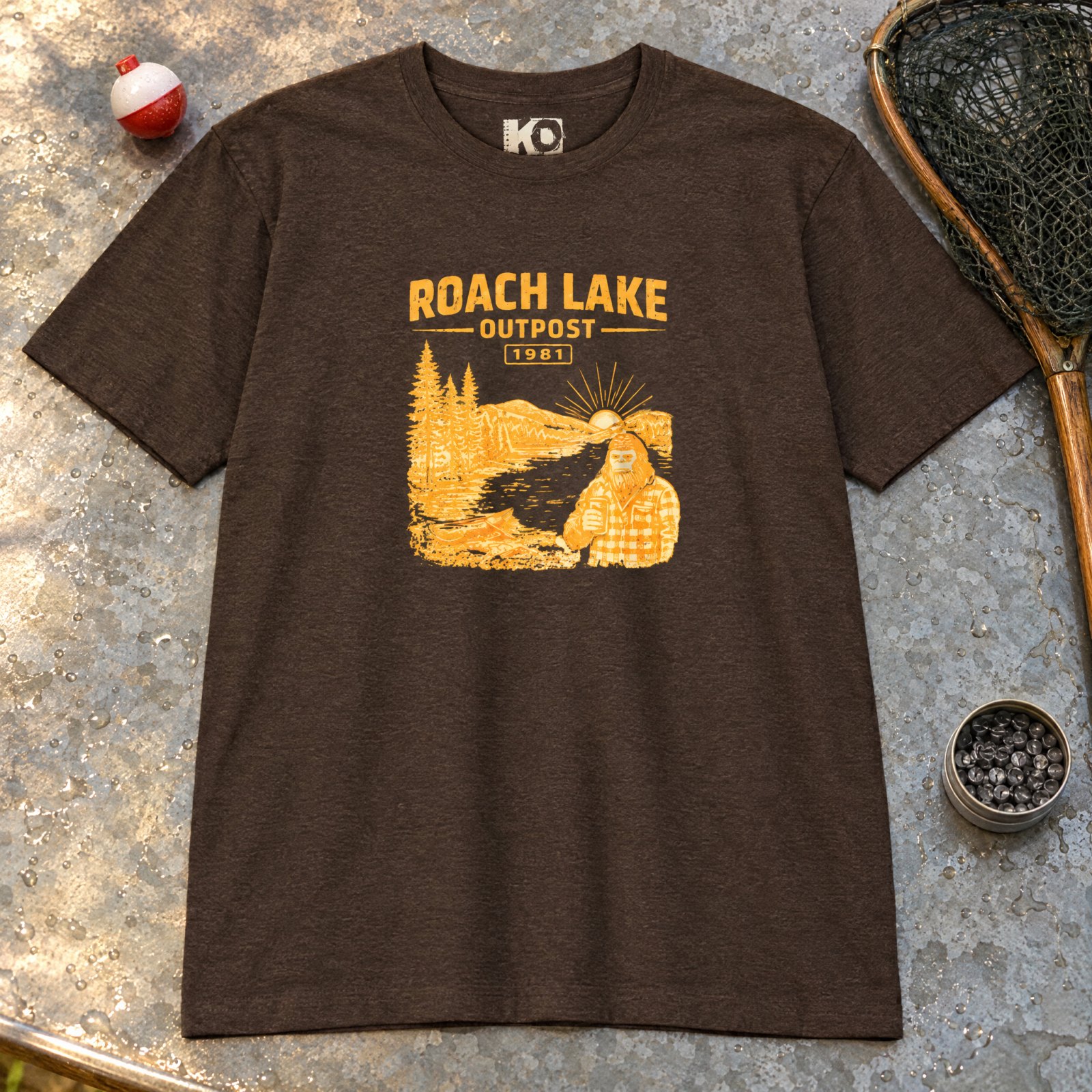 Roach Lake Outpost wilderness graphic T-shirt | fishing cabin camp design — CVC Espresso — Other view