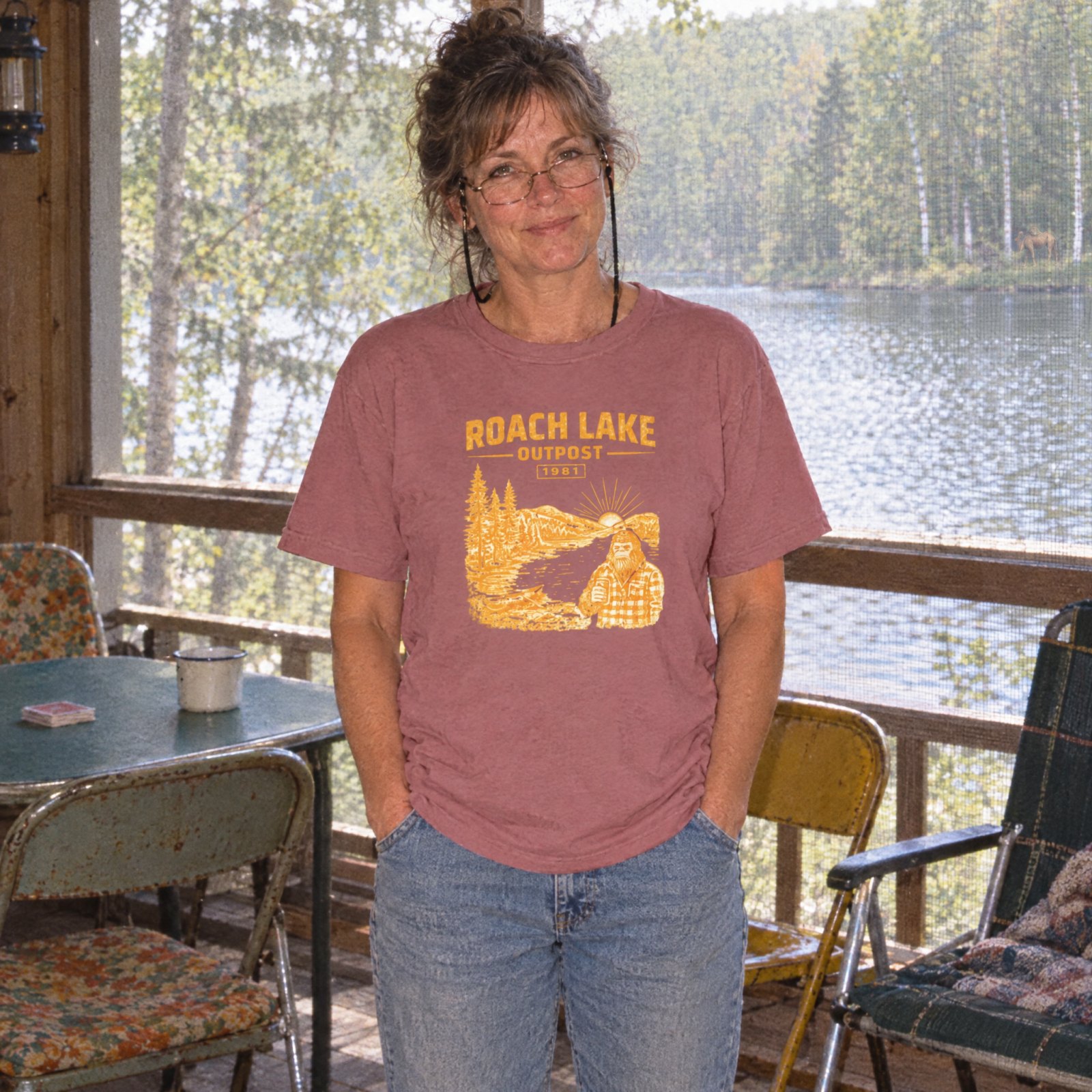 Roach Lake Outpost wilderness graphic T-shirt | fishing cabin camp design — Heather Mauve — Other view